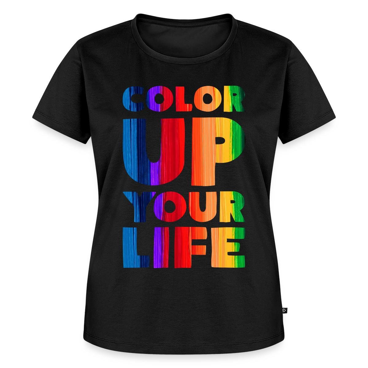 Spreadshirt T-Shirt Color Up Your Life Regenbogen Typografie Frauen Premium T-Shirt (1-tlg) Fällt klein aus. Wir empfehlen, eine Größe größer zu bestellen.