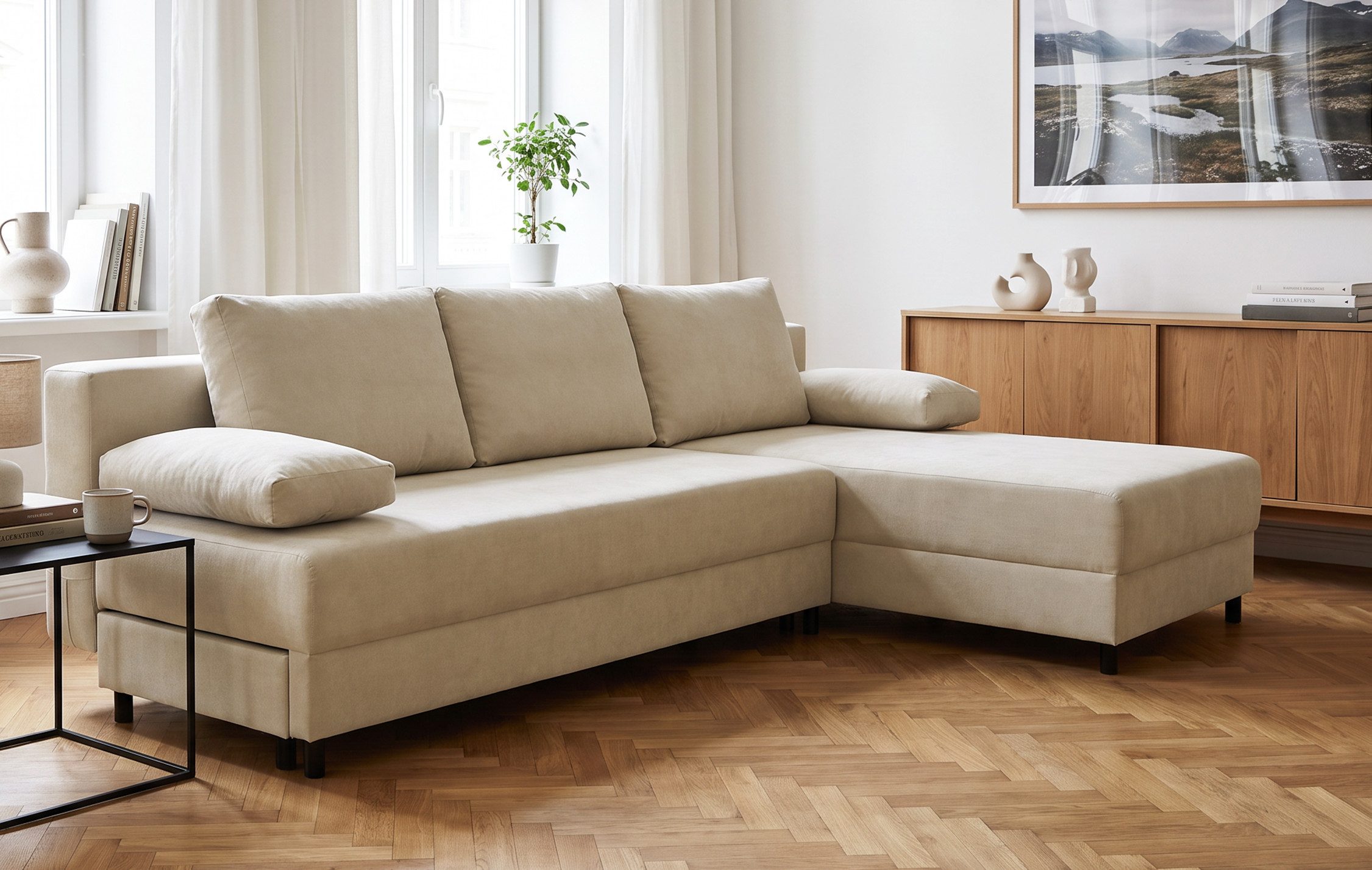 OTTO home Schlafsofa ONNIKO Ecksofa L-Form, Breite: 240 cm, Feinstruktur-Bezug, mit Bettfunktion & Bettkasten (Liegefläche 120 cm / 240 cm)