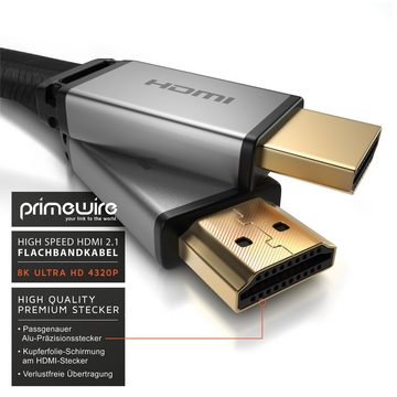 Primewire HDMI-Kabel, HDMI Typ A, HDMI Typ A Stecker, HDMI Typ A Stecker (100 cm), 8K High Speed HDMI 2.1 - Flachbandkabel mit Gewebemantel 7680 x 4320 @ 120 Hz mit DSC - 1m