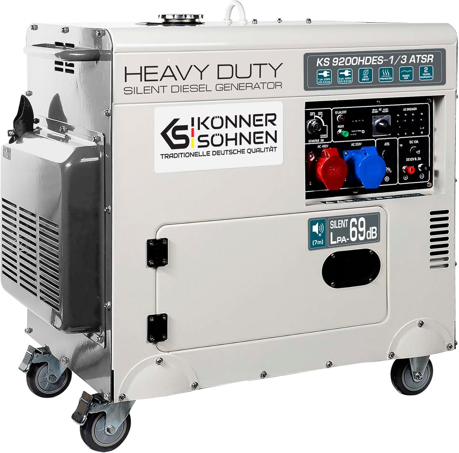 Könner & Söhnen Stromerzeuger KS 9200HDES-1/3 ATSR, 7,50 in kW, (18PS 4-Takt Dieselmotor, E-Start, Vorwärmer, 1-tlg., LED-Anzeige, Kupfer, Lärmarm, 7500/6400 Watt), 1x16A (400V)/ 1x32A (230V), für privaten und gewerblichen Gebrauch