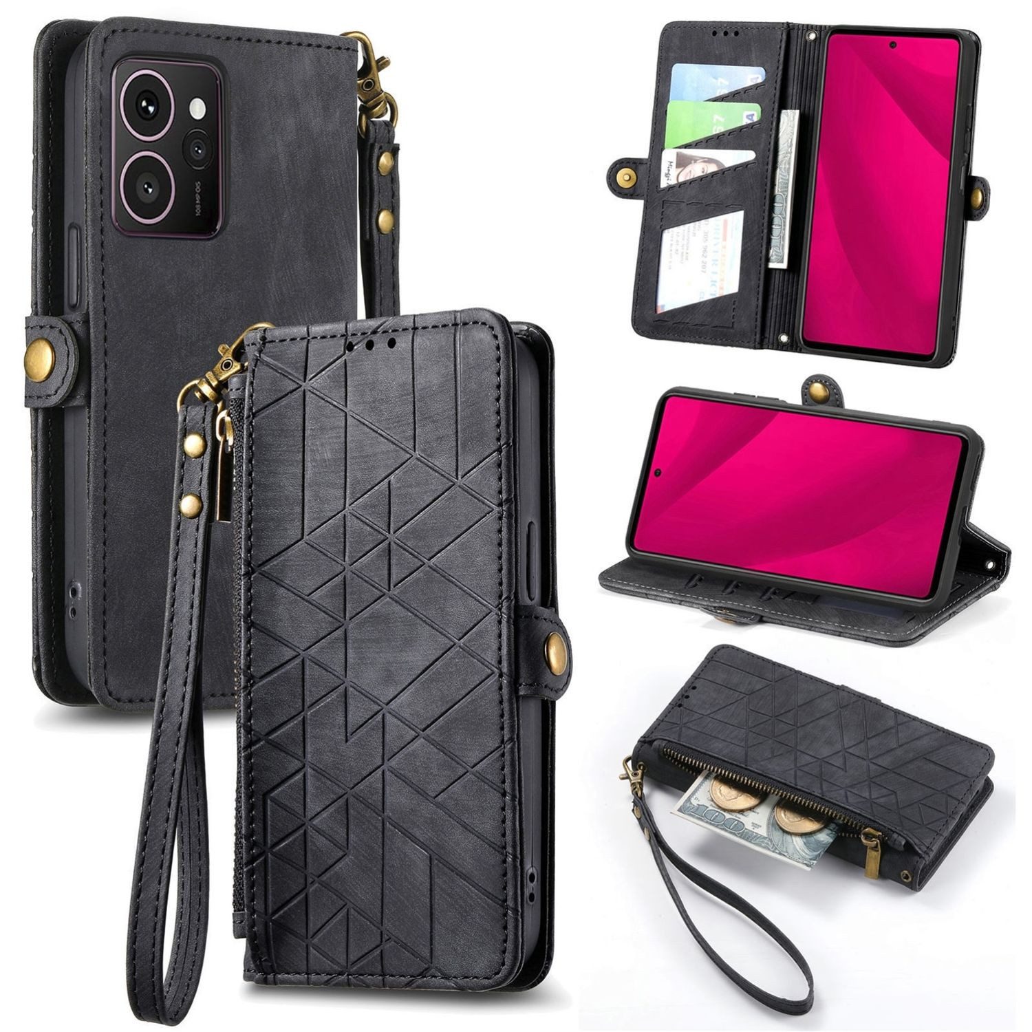 Wigento Handyhülle Für HMD Skyline Kunstleder Zipper Book Wallet Hülle Tasche Schwarz, Kartenfächer, Reißverschlussfach, Standfunktion