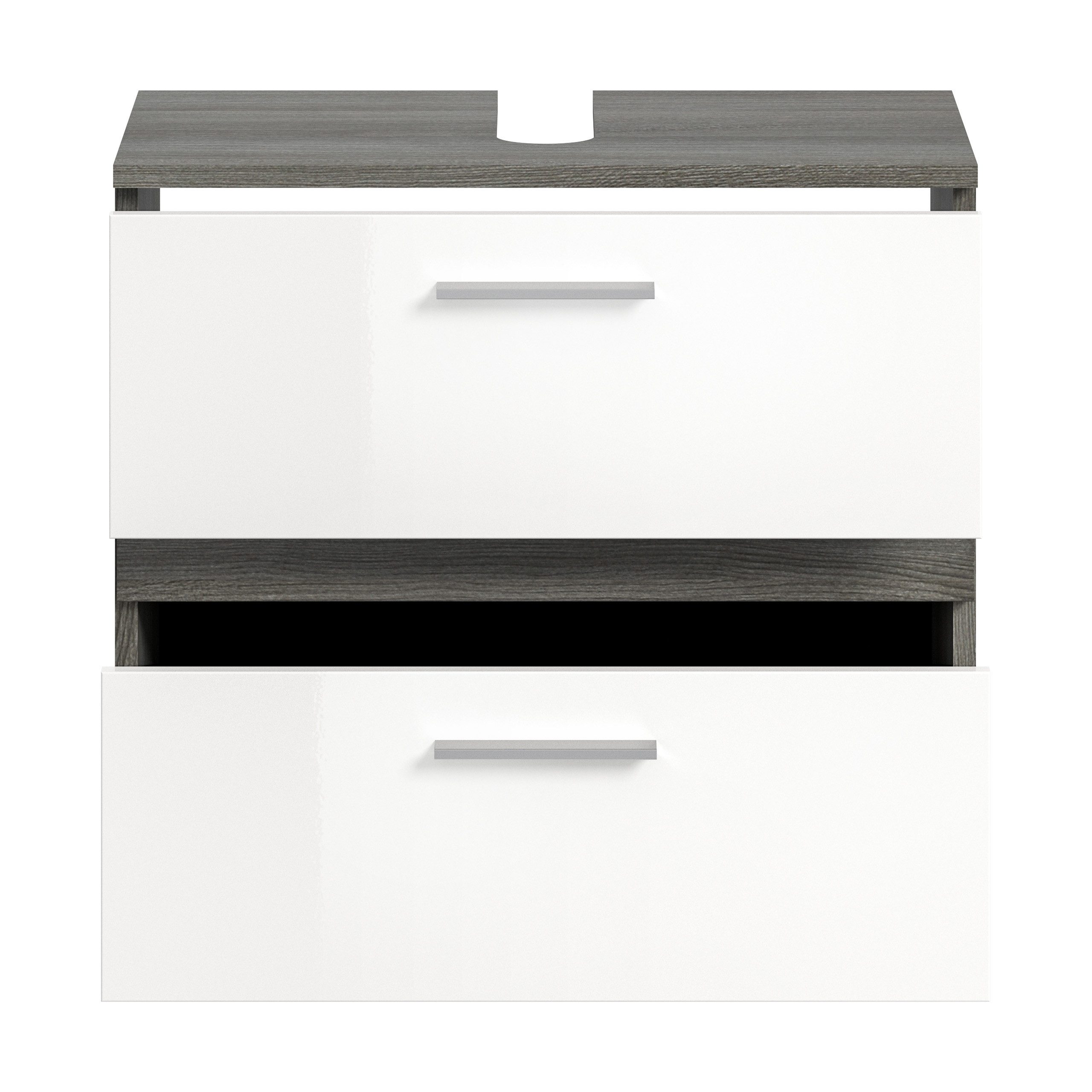 xonox.home Waschbeckenunterschrank Weiß Hochglanz Rauchsilber Siphonausschnitt Beschichtet 60x57x34 cm