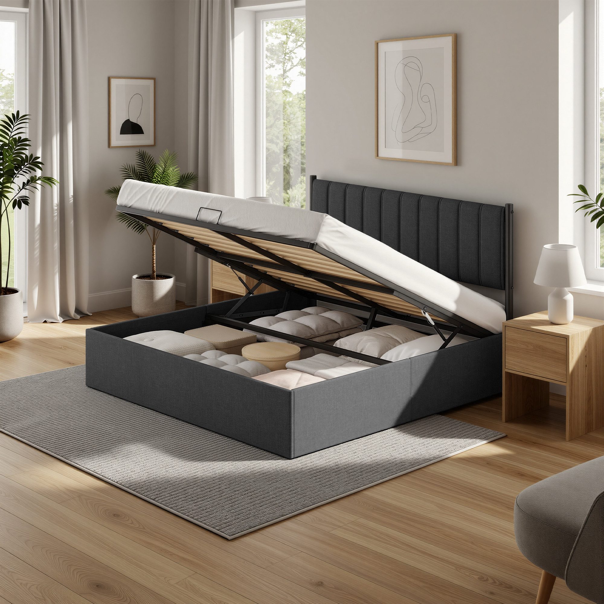 VASAGLE Polsterbett, Bettrahmen, klappbar Lattenrost, Stauraum, in 3 Größen verfügbar