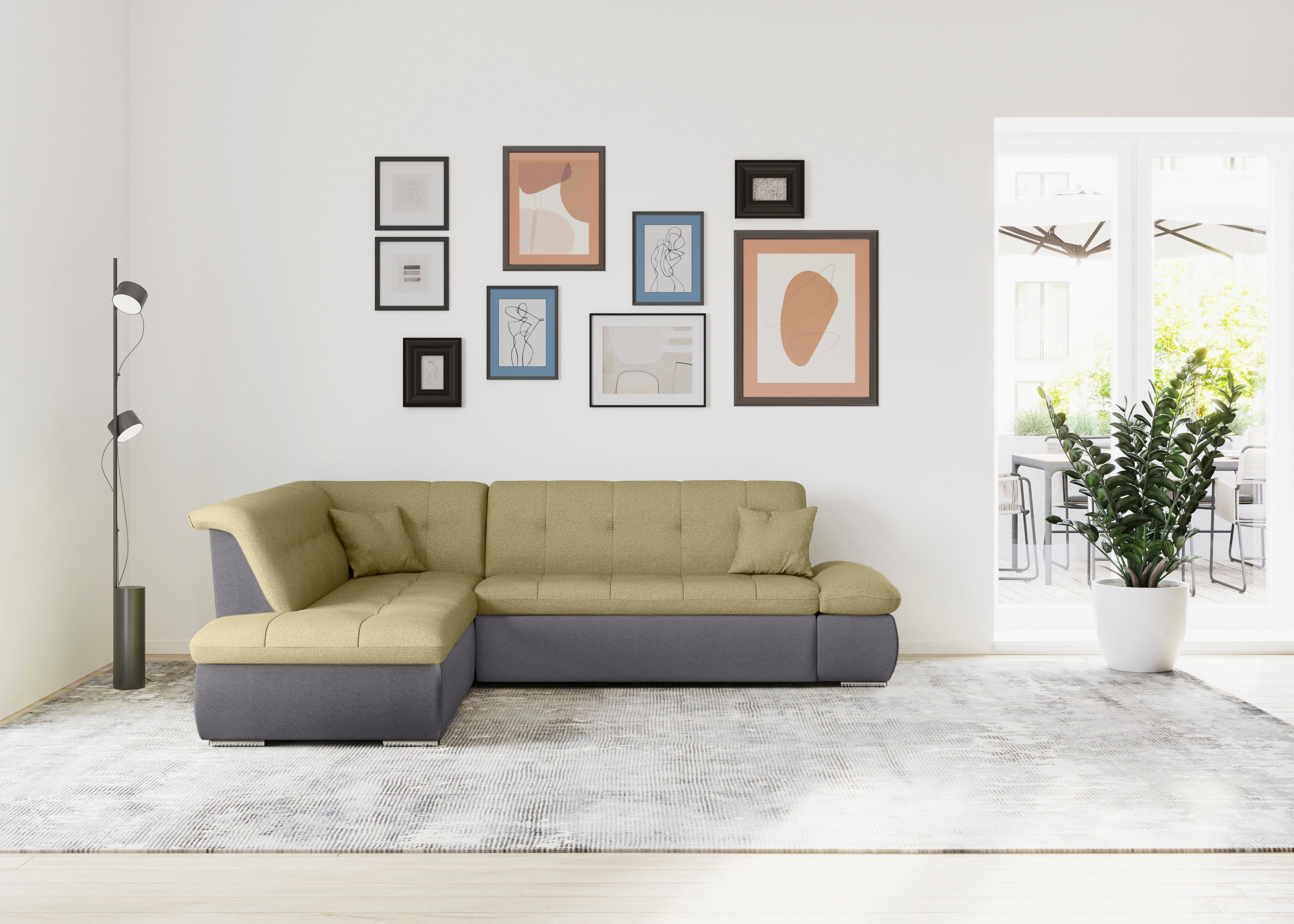 DOMO collection Ecksofa Bettfunktion schlamm/gelb und mit Moric, Armlehnenverstellung wahlweise