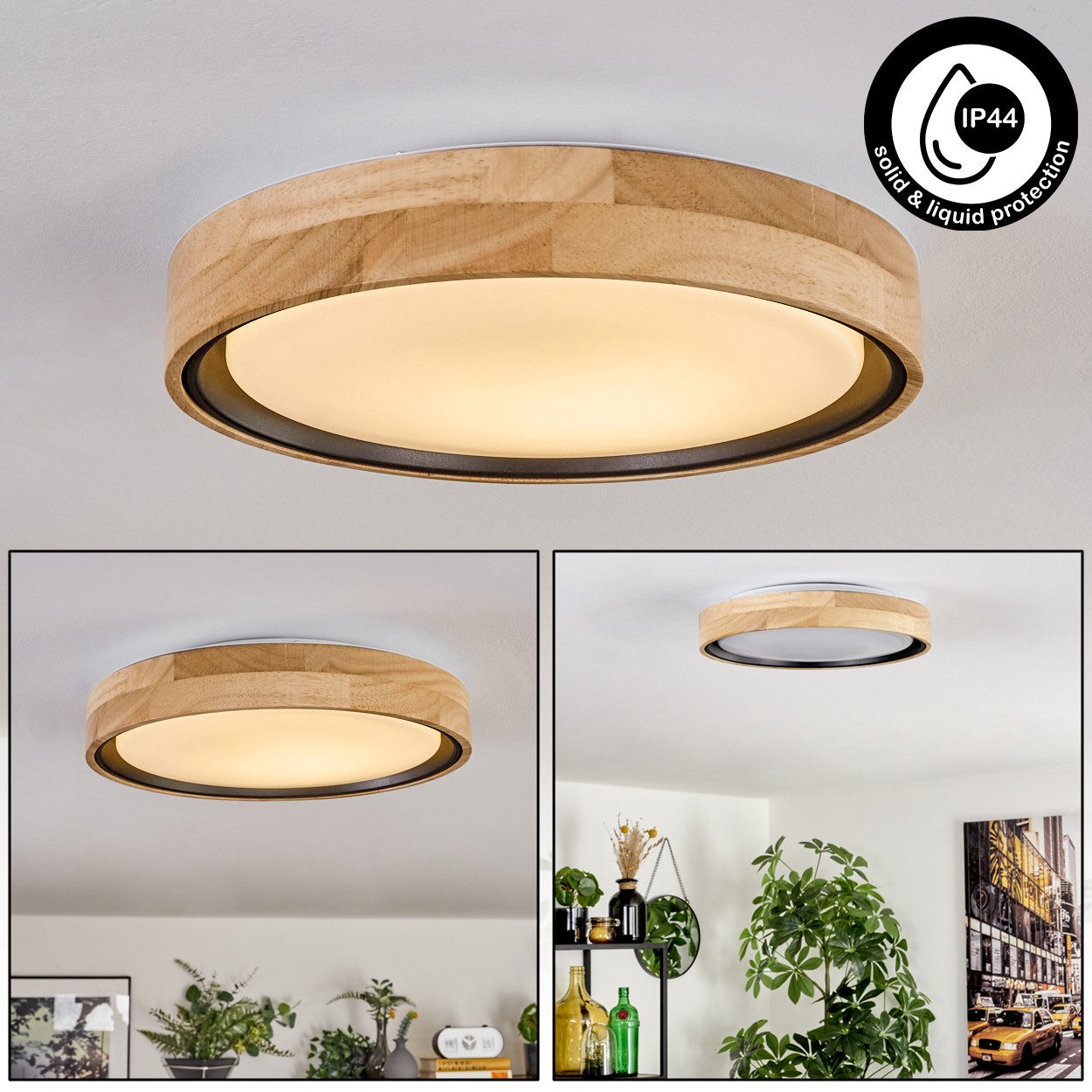 hofstein Deckenleuchte Deckenlampe aus Holz/Metall/Kunststoff in Natur/farbenWeiß, LED wechselbar, 3000 Kelvin, im skandinavisch/modernen Design mit rundem Schirm (30cm), 1-flammig