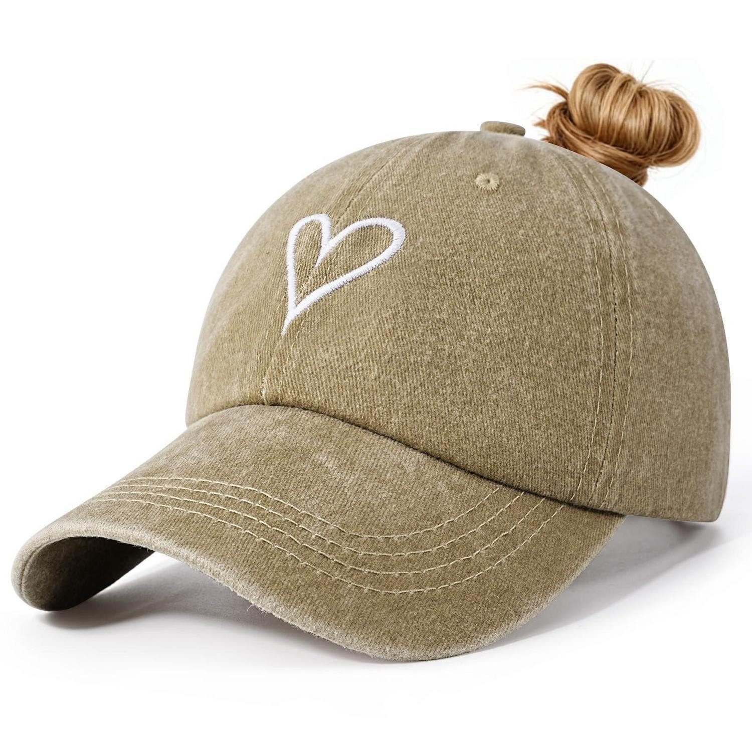 Baseball Cap Basecap Damen Zopfloch Baumwolle Stickerei A-Khaki Einheitsgröße