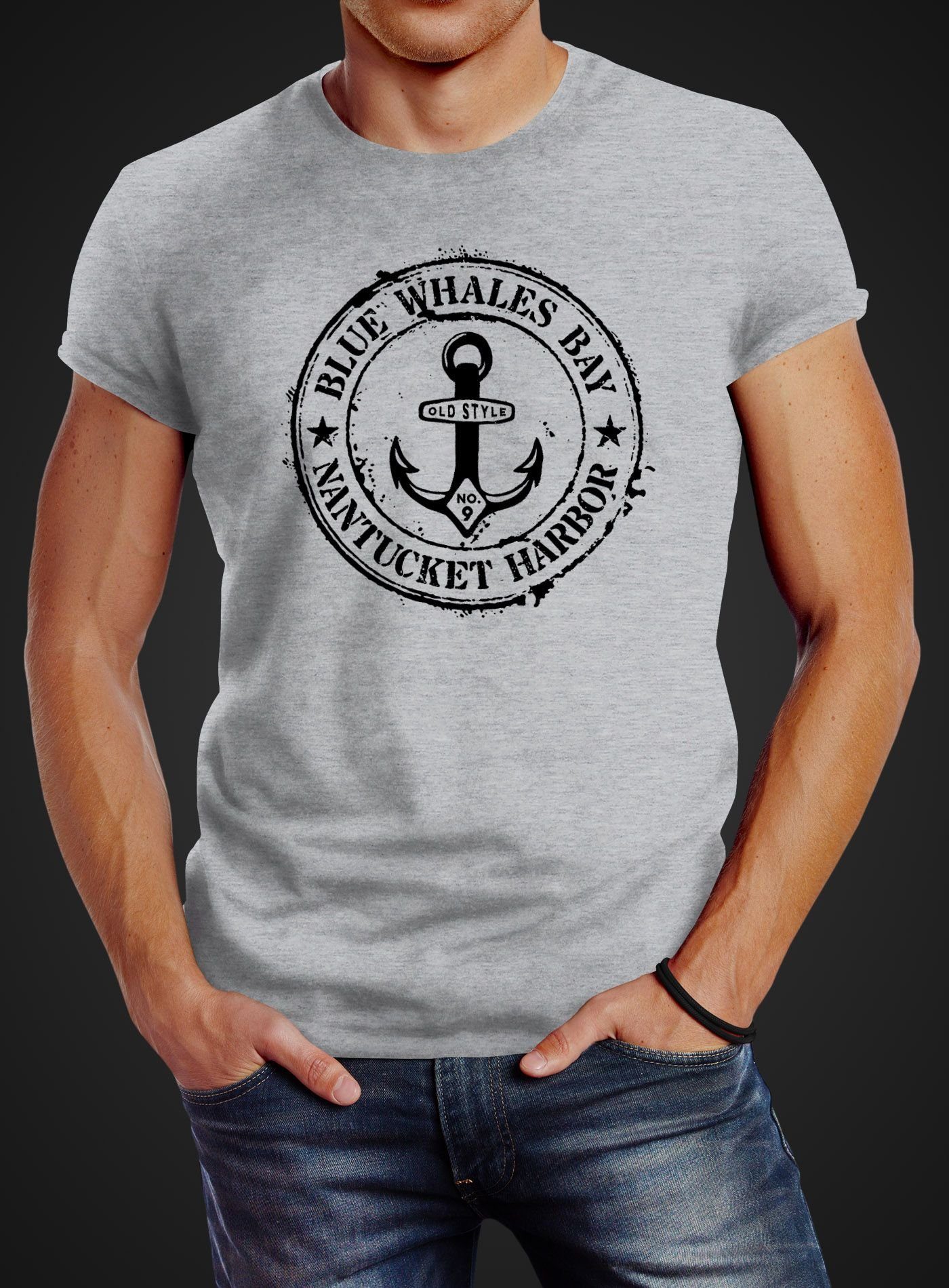 maritim Badge grau Print Herren Motiv T-Shirt Print Retro Anchor mit Vintage Neverless® Neverless Print-Shirt Anker