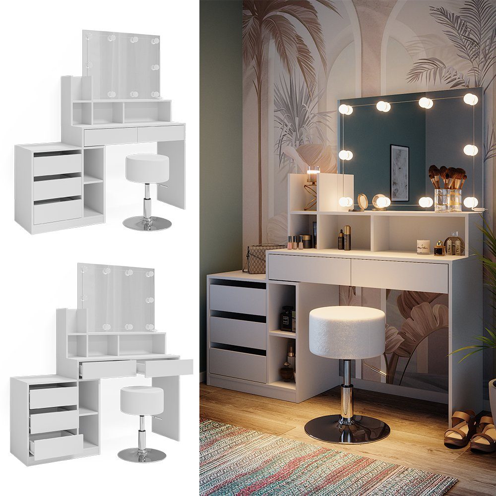 Vicco Schminktisch Anja, Weiß, 139.8 cm mit LED Beleuchtung und Hocker günstig online kaufen