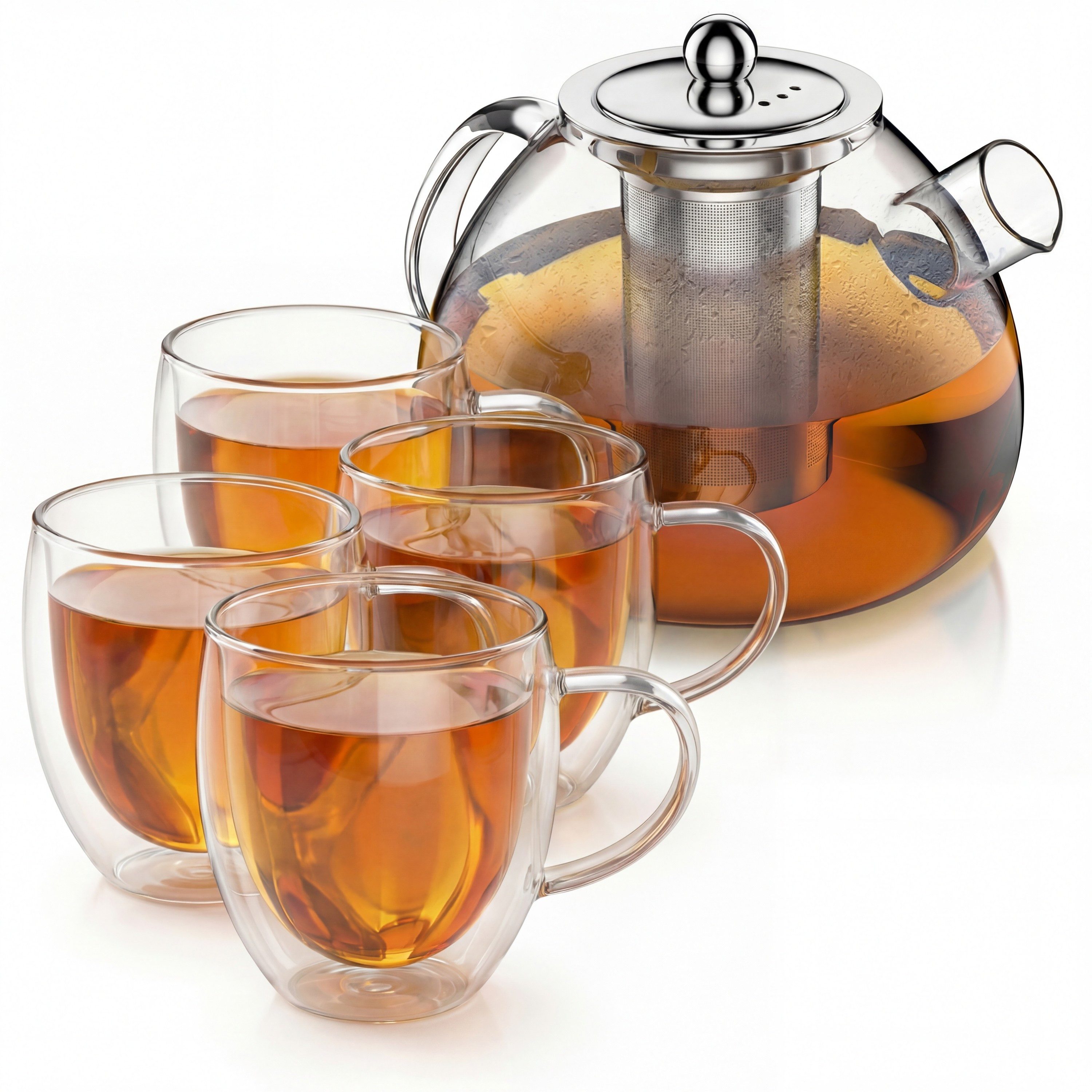 Arendo Teekanne Glas 1,5L Sieb + 4 Thermogläser 350ml mit Henkel, 1,5 l, (Set, 1-St., Glas Kanne, Teesieb), Borosilikatglas, …
