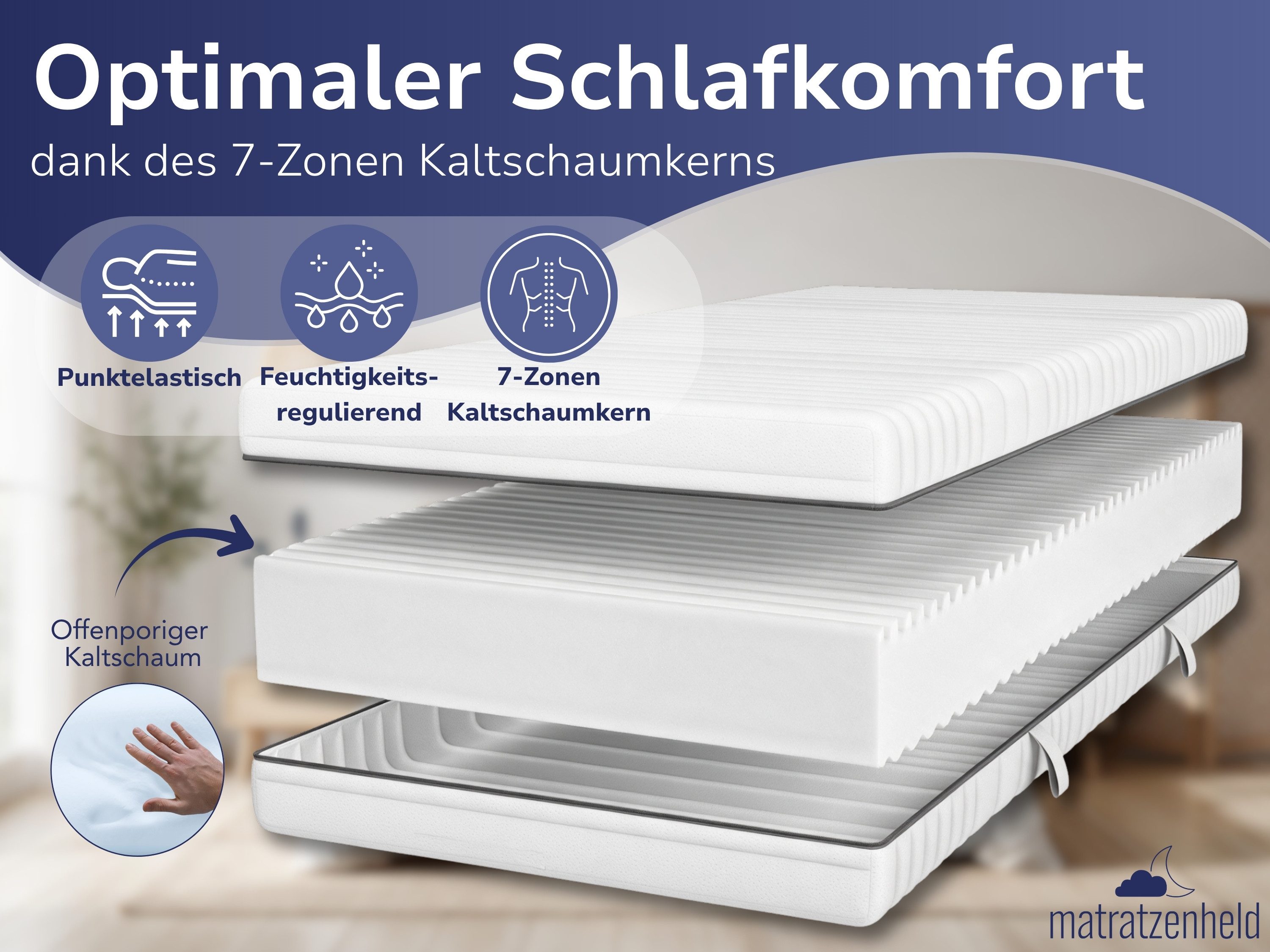 Kaltschaummatratze 7-Zonen Matratze Wellness - H2, H3, H4 & H5, Matratzenheld, 18 cm hoch, verschiedene Größen & Härtegrade - atmungsaktiv, allergikergeeignet – Bild 3 von 5