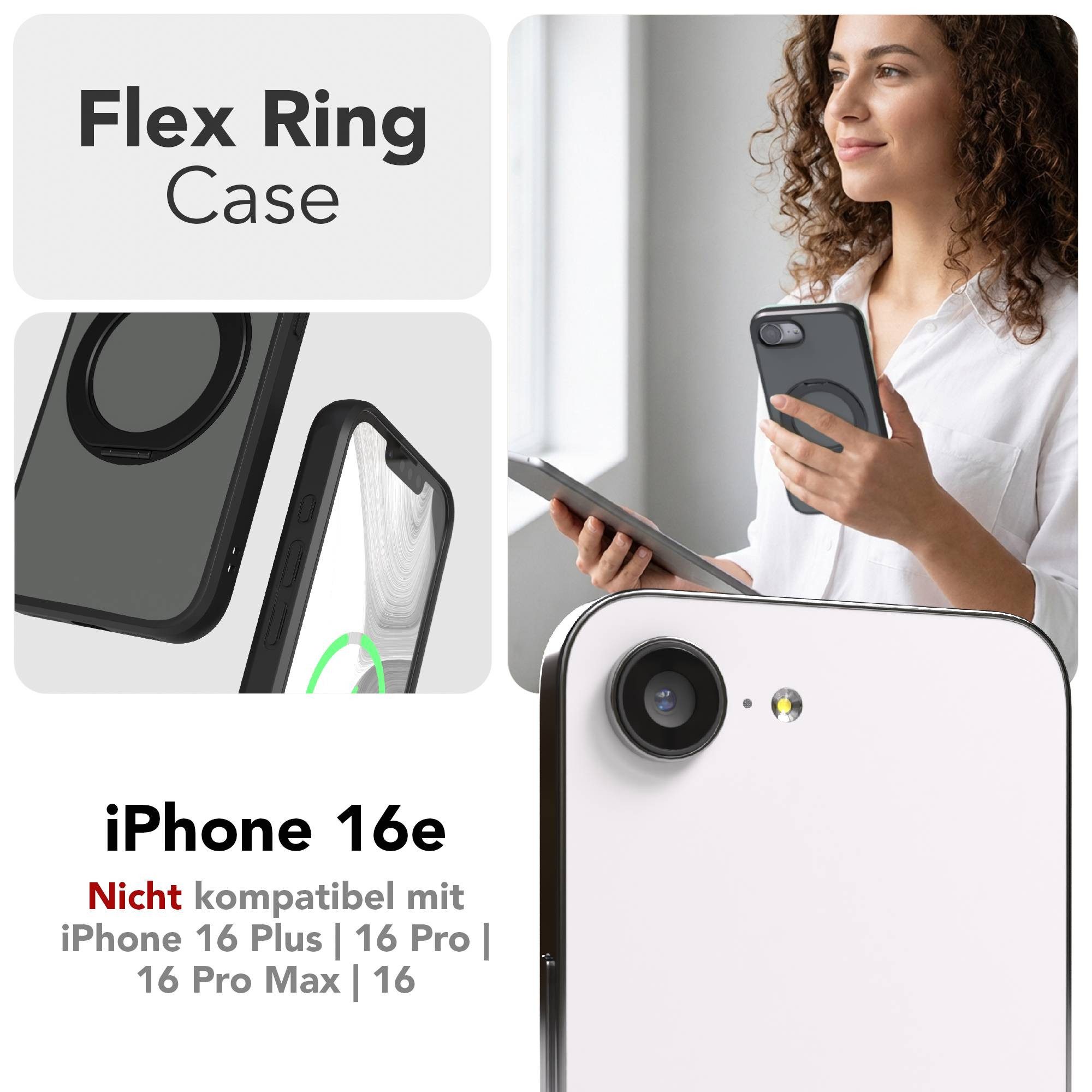 EAZY CASE Handyhülle Outdoor Apple iPhone 16e Case MagSafe Rotation Ring 6,1 Zoll, Outdoor Handy Hülle Bumper Schutzhülle Slim mit Kameraschutz Schwarz