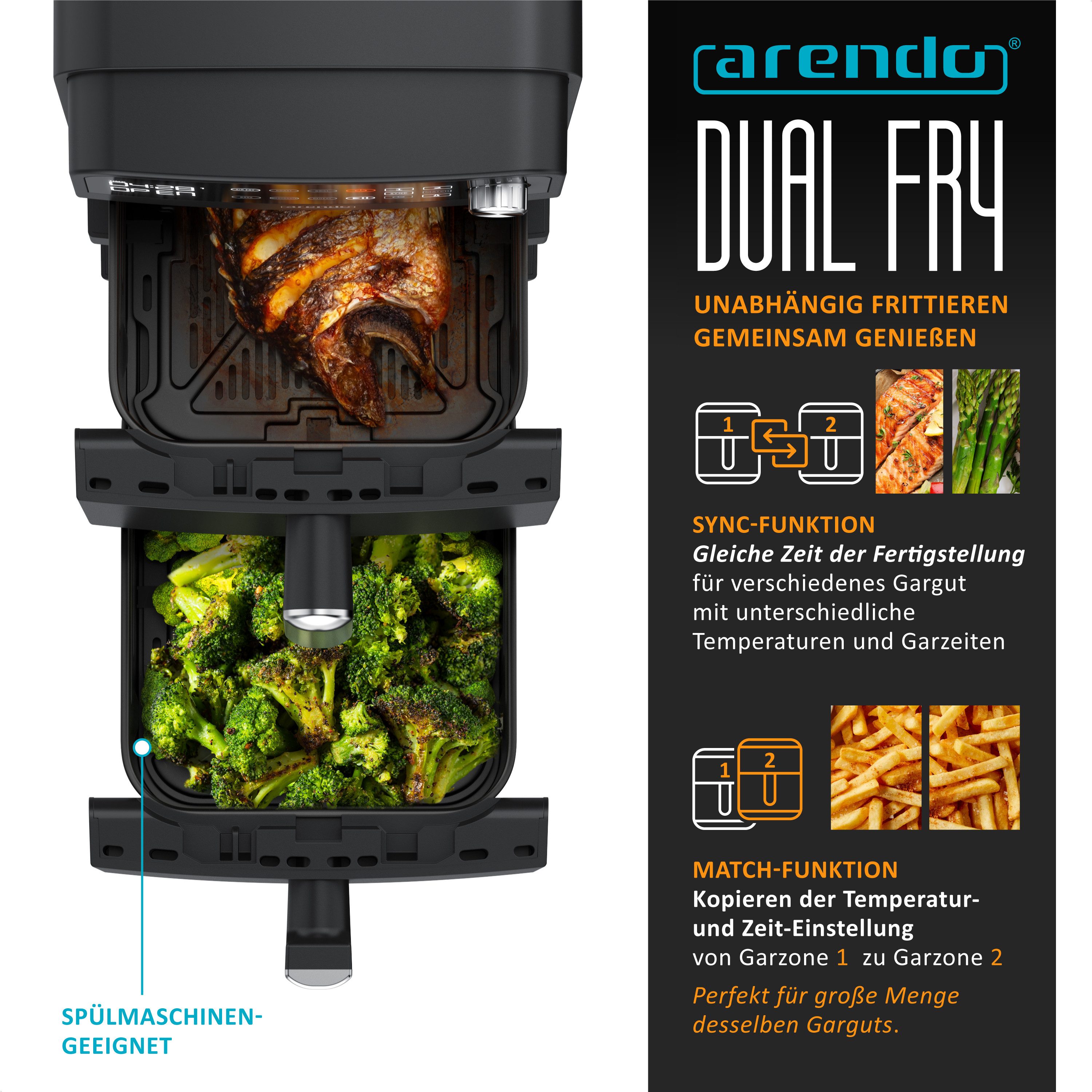 Arendo Heißluftfritteuse mit 2 Kammern Übereinander, XXL Doppelkammer Airfryer 11L, Dual Zone, 2400 W, mit Zubehör, Umluft Backofen, Edelstahl, fettarmes gesundes Kochen