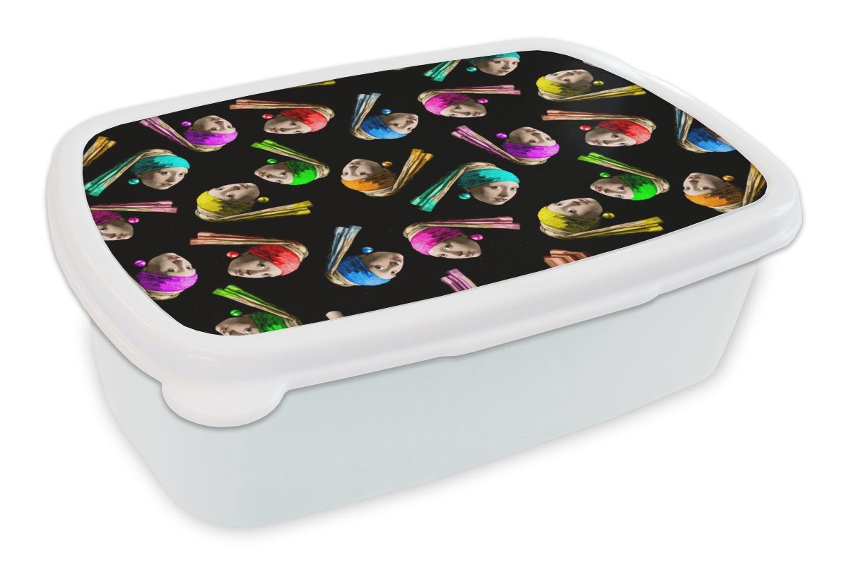 MuchoWow Lunchbox Girl with a Pearl Earring - Muster - Regenbogen, Kunststoff, (2-tlg), Brotbox für Kinder und Erwachsene, Brotdose, für Jungs und Mädchen weiß