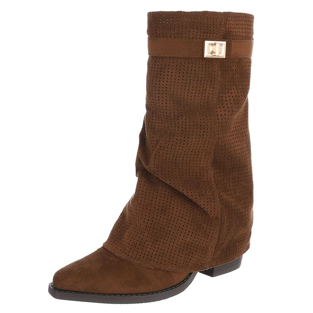 Ital-Design Eleganter perforierter Boot mit Riegelverschluss für Damen Westernstiefel (91261283) Blockabsatz Stiefel in Braun