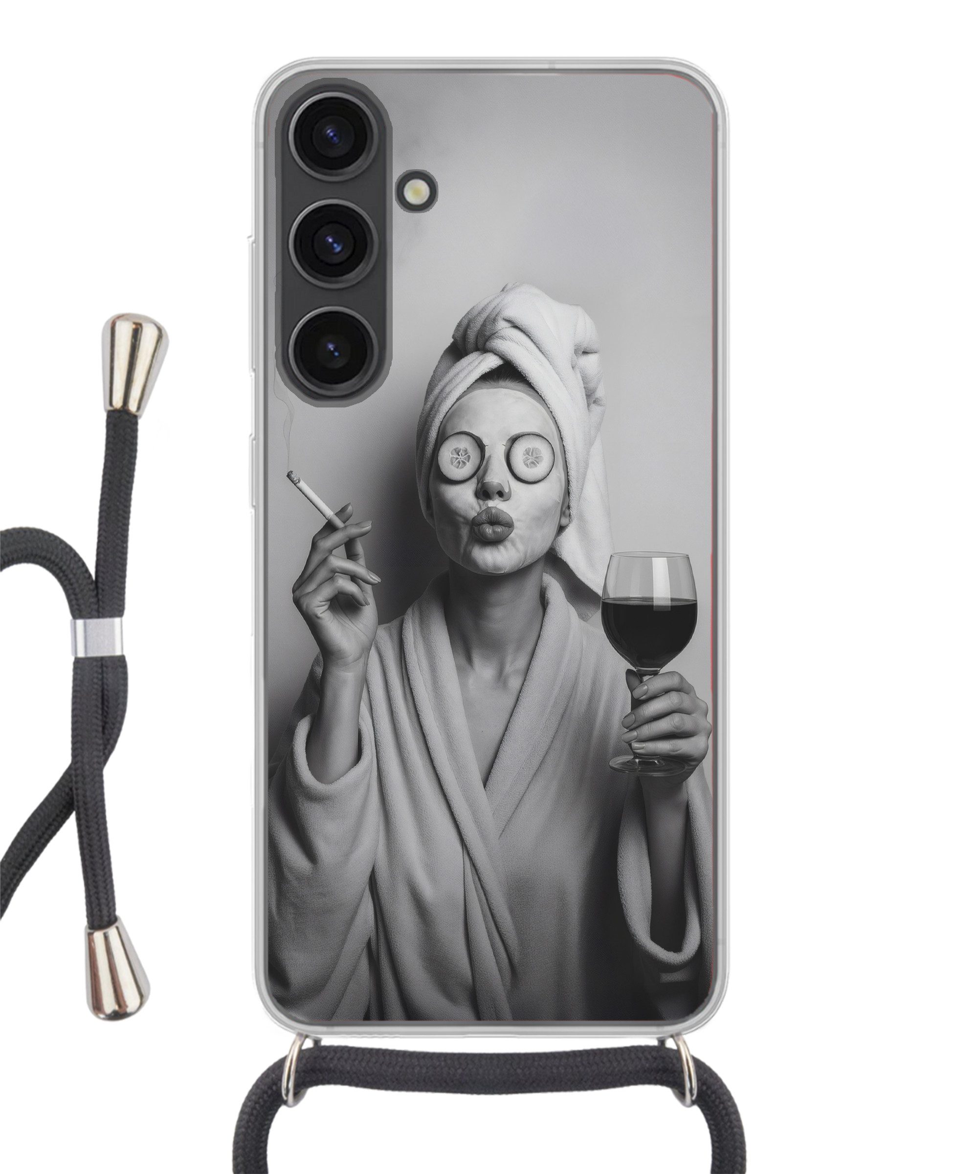 MuchoWow Handyhülle für Samsung Galaxy S24 Plus Frau - Maske - Wein - Zigarette, Tragbare Handyhüllen mit Kette zum umhängen, Handykette Handyband