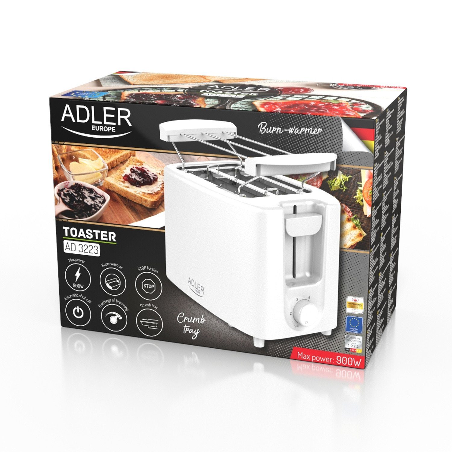 6 AD 2 kurze W, Toaster Grillplatte 900W Stufen 3223, Adler 900,00 2-Scheiben-Toaster Schlitze,