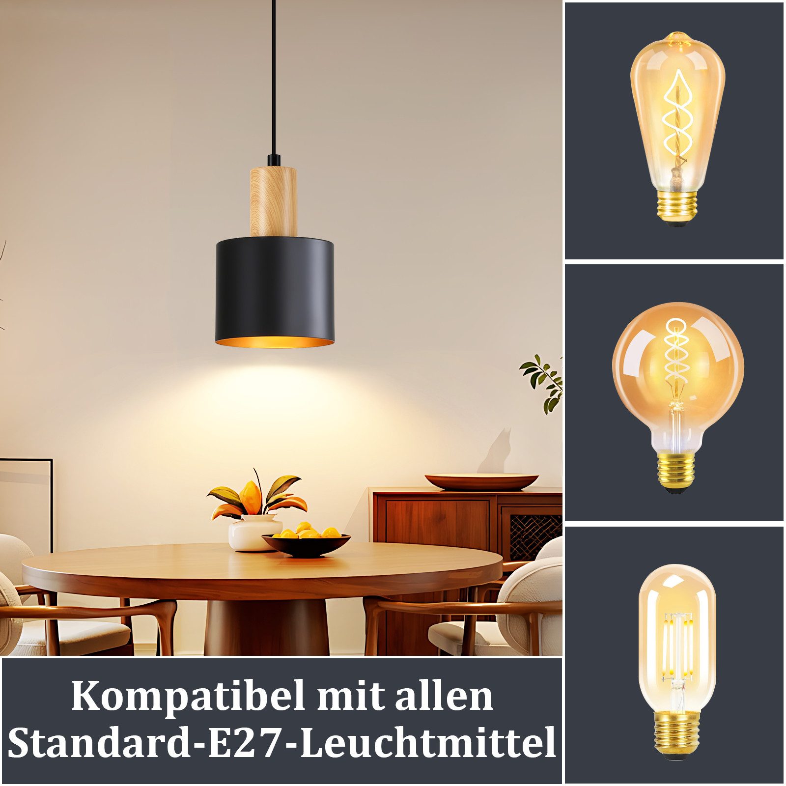 Nettlife Hängeleuchte Schwarz Vintage 1/2/3 Flammig Esstisch E27 Pendelleuchte, Höhenverstellbar, LED wechselbar, Metall Pendelleuchte Essbereich Hängelampe