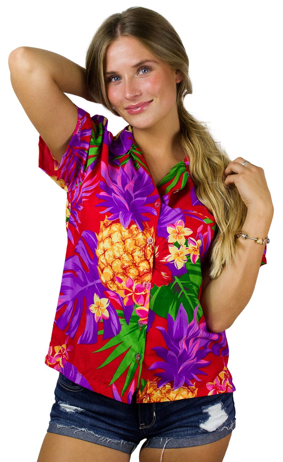 Hawaiihemd Pineapple Funky Hawaiibluse Damen Kurzarm Front-Tasche Stylish