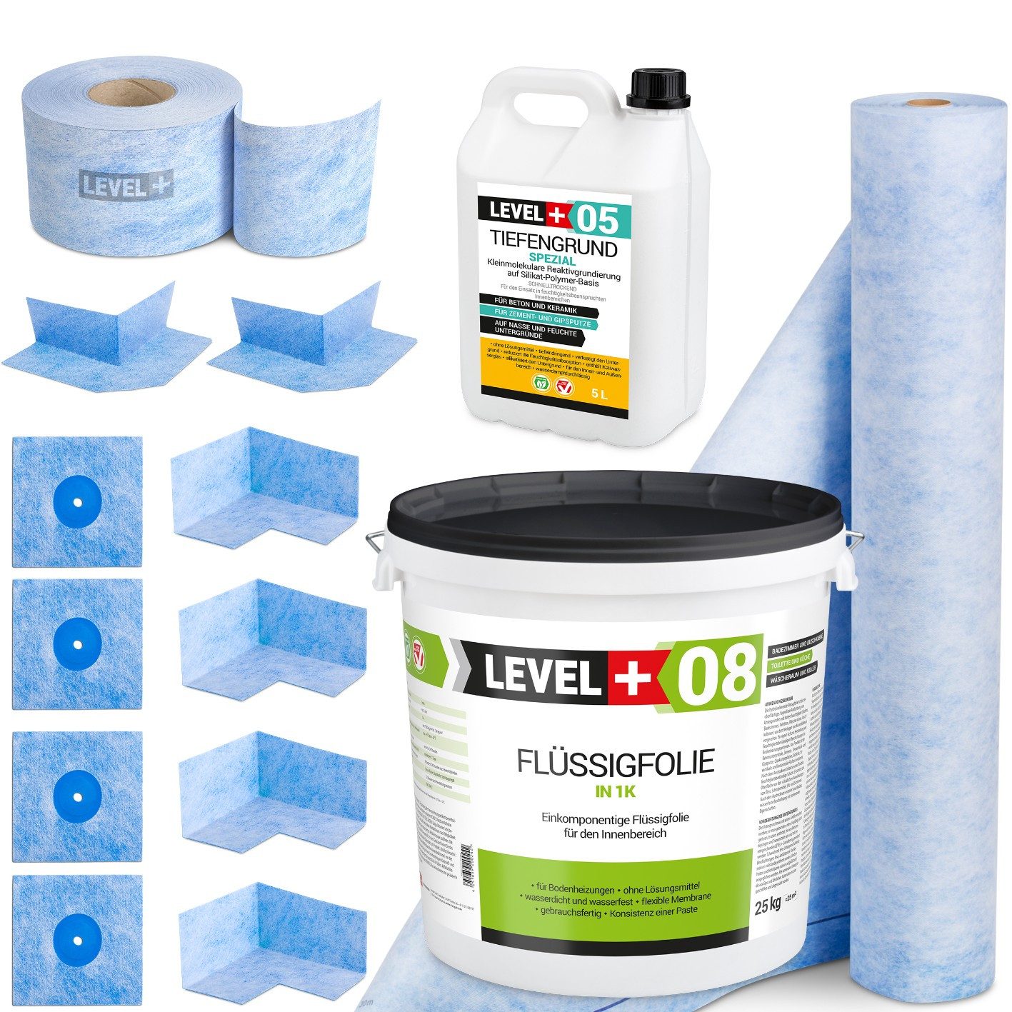 Level+ Dichtstoff Dichtset für Duschabdichtung Bad Dichtband Flüssigfolie 25kg SET51