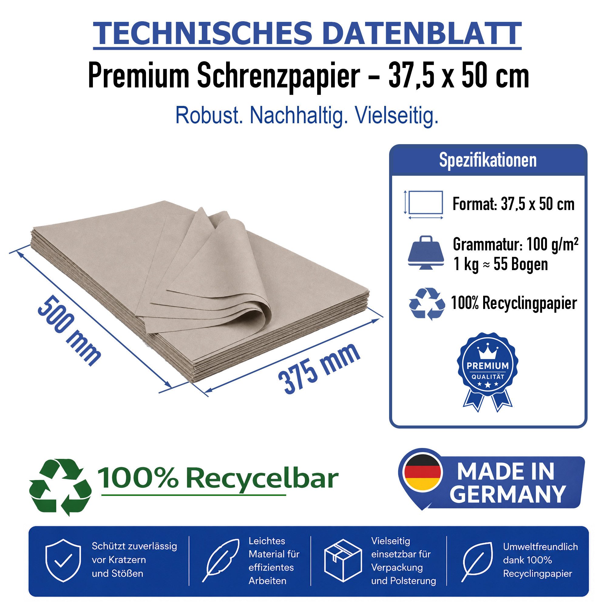 Papieronkel Recyclingpapier Schrenzpapier Packpapier Bögen 37,5x50cm 100g Packen Umzug Versand, 25kg Einschlagpapier, 100% Öko-Recycling, Made in Germany, plastikfrei