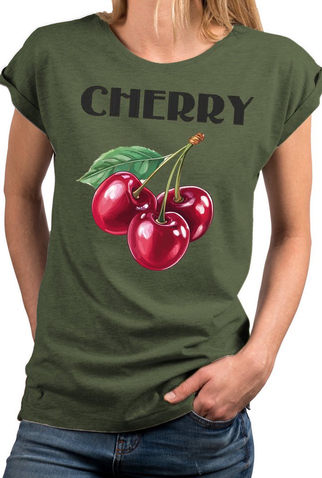MAKAYA Kurzarmshirt Damen Sommer Shirt mit Aufdruck Kirschen Luftig Elegant Sportlich (Weiß, Rosa, Grau, Grün, 34, 36, 38, 40, 42, 44, 46, 48, 50) große Größen