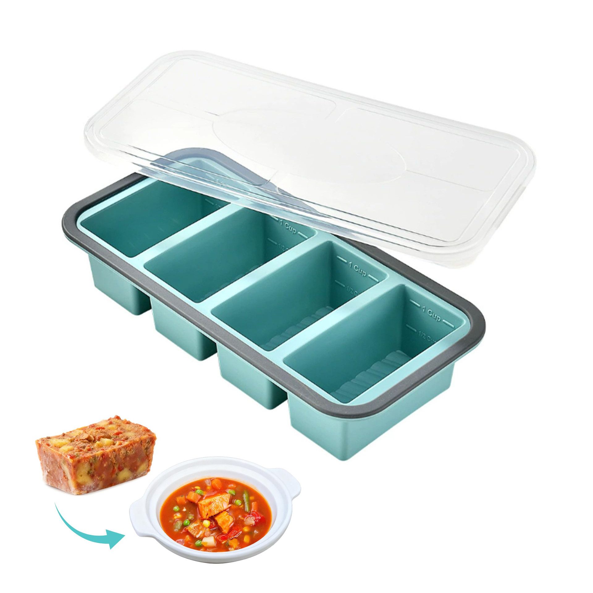 Agger Eiswürfelform Silikon Gefrierform mit Deckel – 4 Fächer, Stapelbar & Flexibel, (1-tlg), für Suppe, Soße & Eiswürfel, Leichtes Entformen