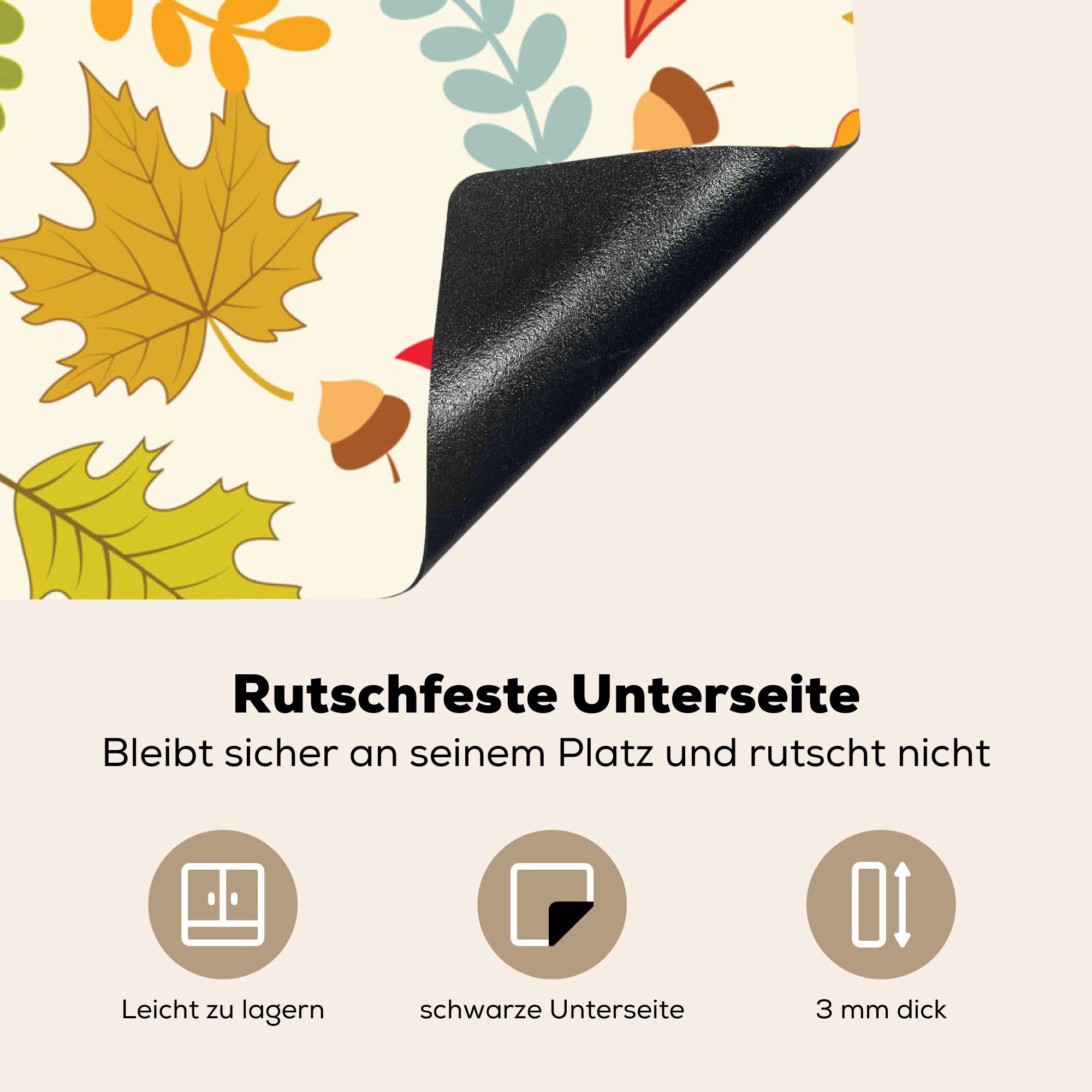 Muster, Blätter Herbst Arbeitsplatte für 78x78 - Ceranfeldabdeckung, - cm, MuchoWow (1 küche Vinyl, tlg), Eichel - Herdblende-/Abdeckplatte