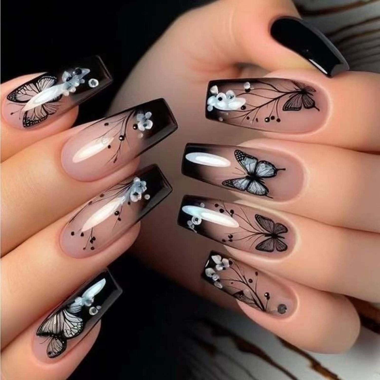 LuxusKollektion Kunstfingernägel Kunstnägel kurz dunkles Schmetterlingsdesign