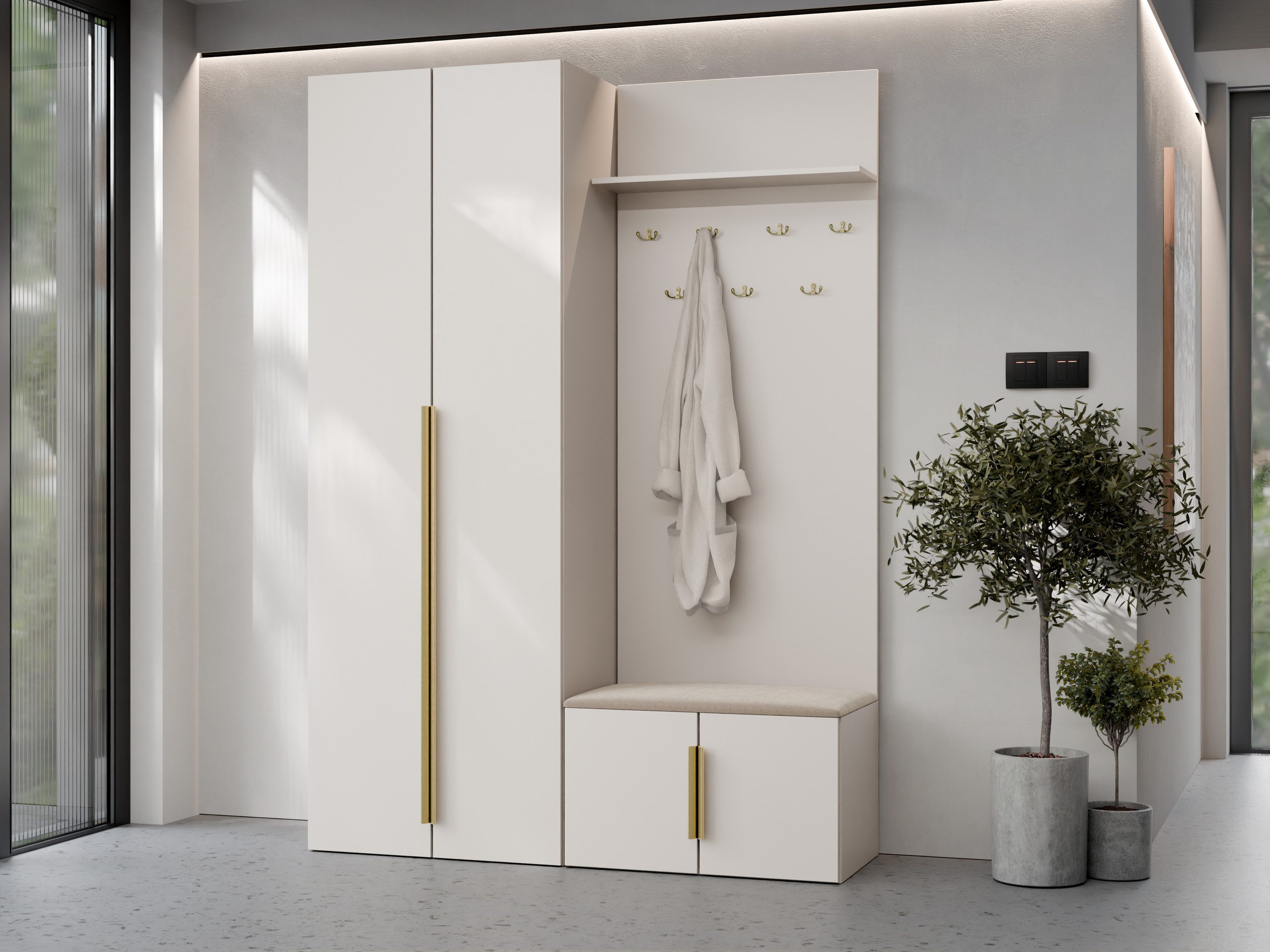 MIRJAN24 Garderoben-Set Kerkin I, (2er-Set, Kleiderschrank, Schuhschrank mit Kleiderhakenbrett), 7 Kleiderhaken für Kleidung, Gepolstertes Sitzpaneel