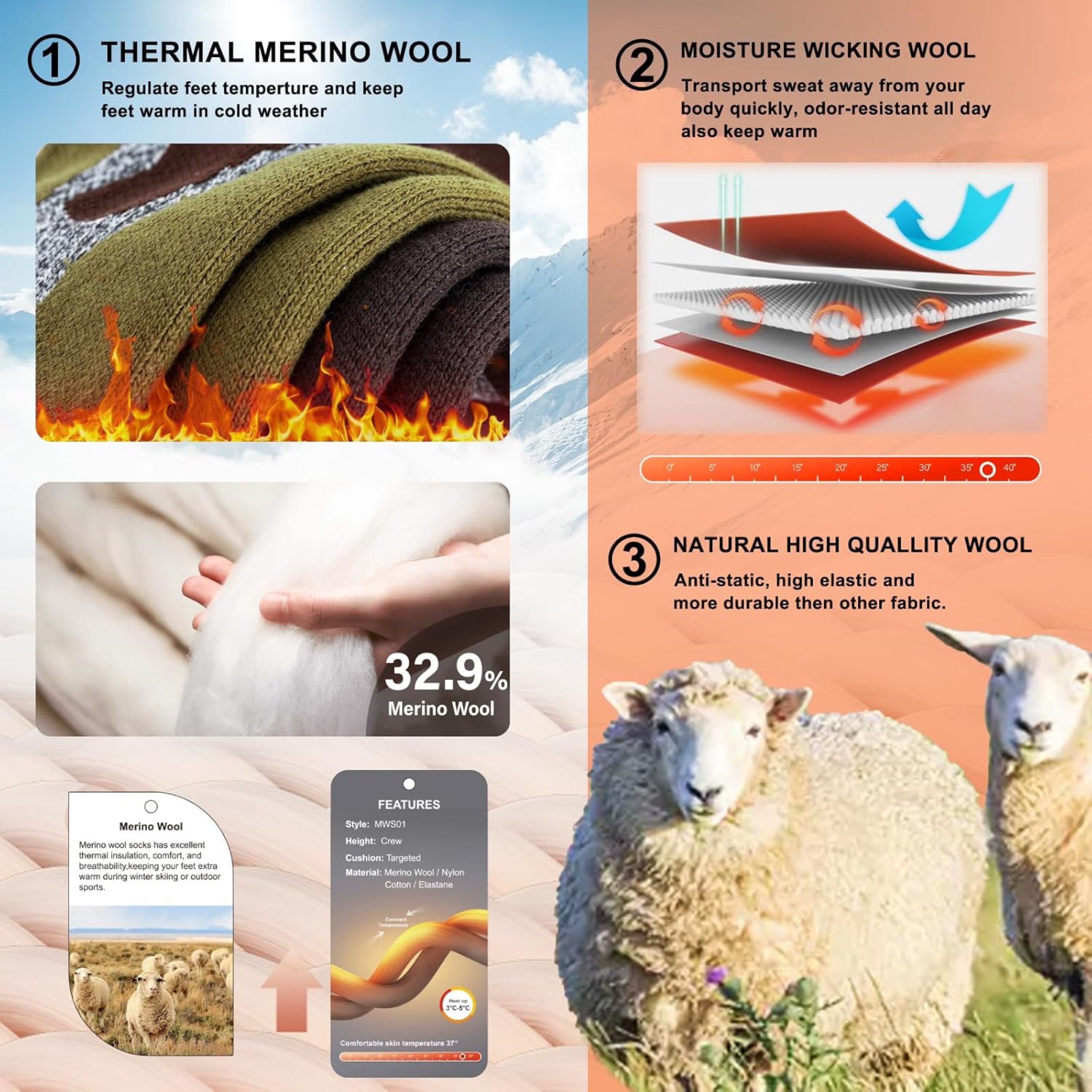 LaCute Skisocken Thermo Skisocken Merinowolle 2er-Set für Damen & Herren Outdoor (2er-Pack funktioneller Merinowoll-Kompressionssocken, 2-Paar, 2 Paar Thermosocken für Damen & Herren aus Merinowolle) Thermo-Kompressionssocken mit Merinowolle