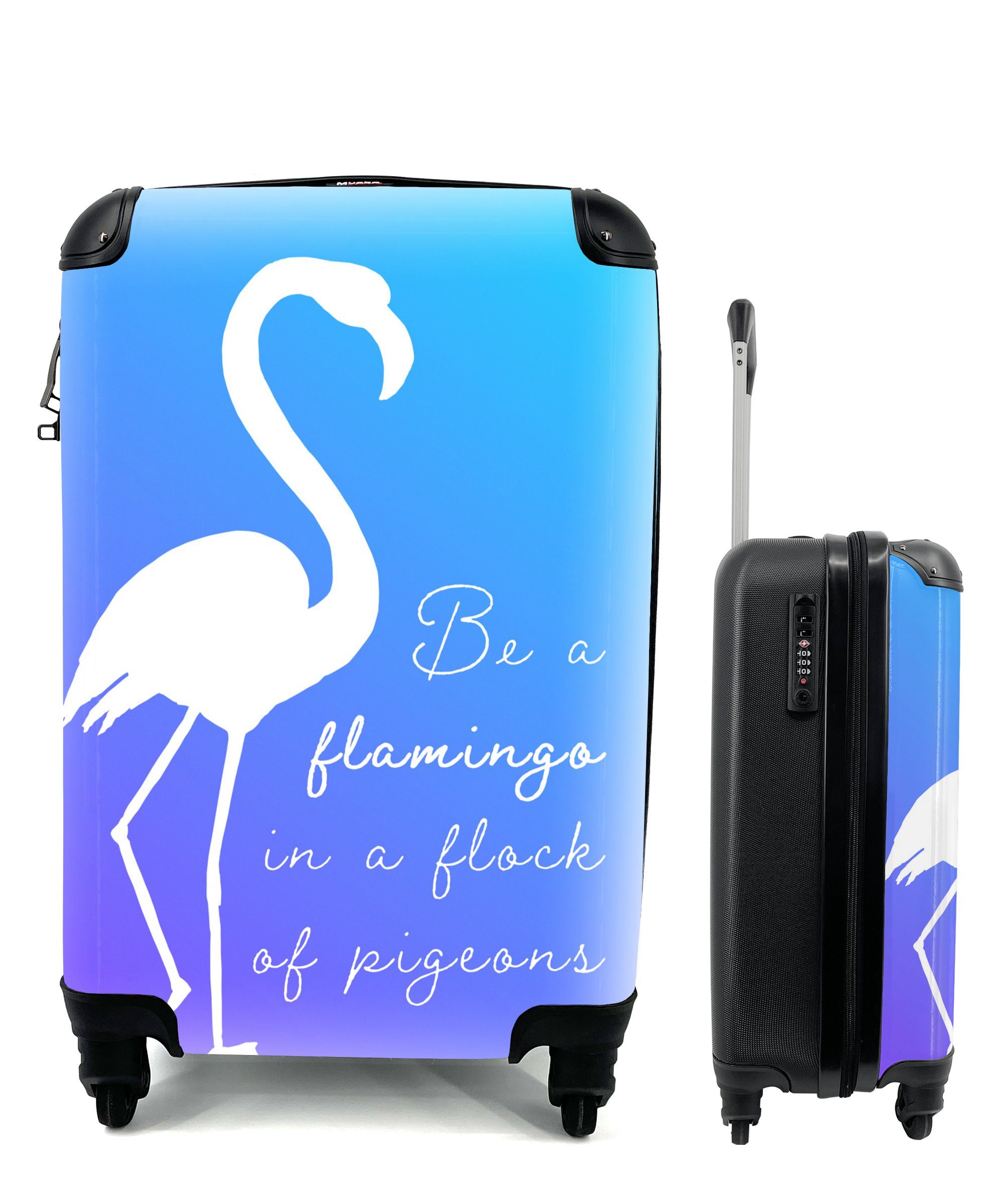 MuchoWow Handgepäckkoffer Blau - Weiß - Flamingo, 4 Rollen, Reisetasche mit rollen, Handgepäck für Ferien, Trolley, Reisekoffer