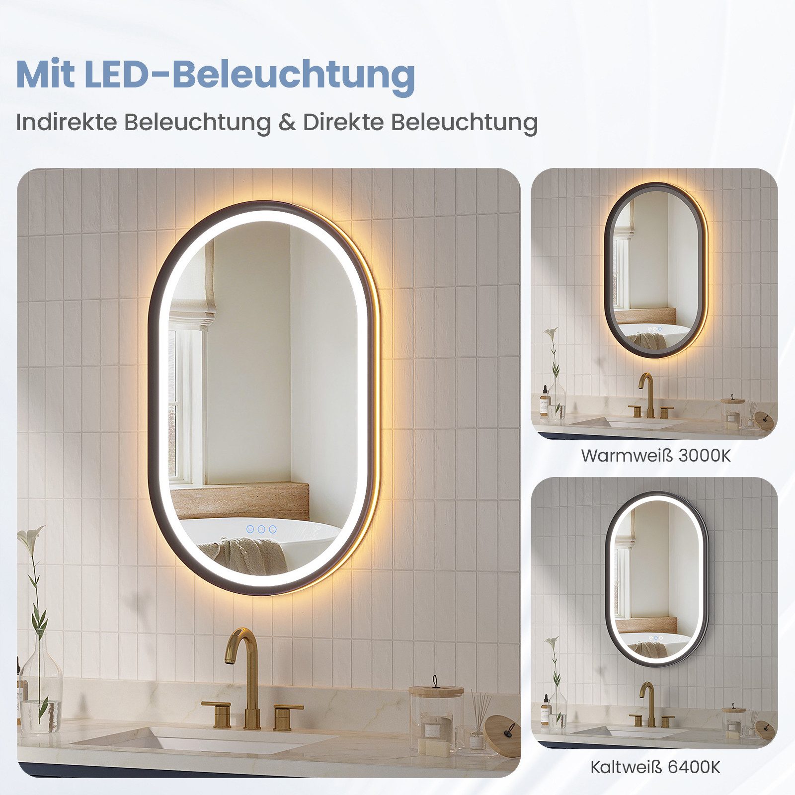 AQUABATOS Badspiegel mit Beleuchtung Ovaler LED Spiegel dimmbar Wandspiegel für Badezimmer, 50x80 / 60x90 cm, Beschlagfrei,Touch,Memory,Kaltweiß & Warmweiß,IP44 – Bild 4 von 5