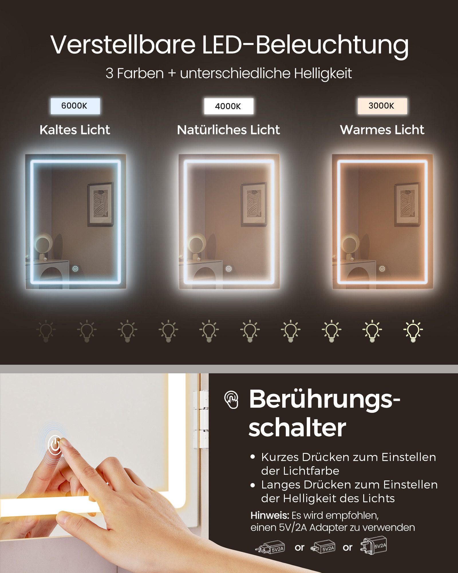 VASAGLE Schminktisch mit LED-Beleuchtung, Frisiertisch mit Spiegel (1 Tisch), Kosmetiktisch mit Schubladen, offenen Fächern, verstellbaren Ablagen