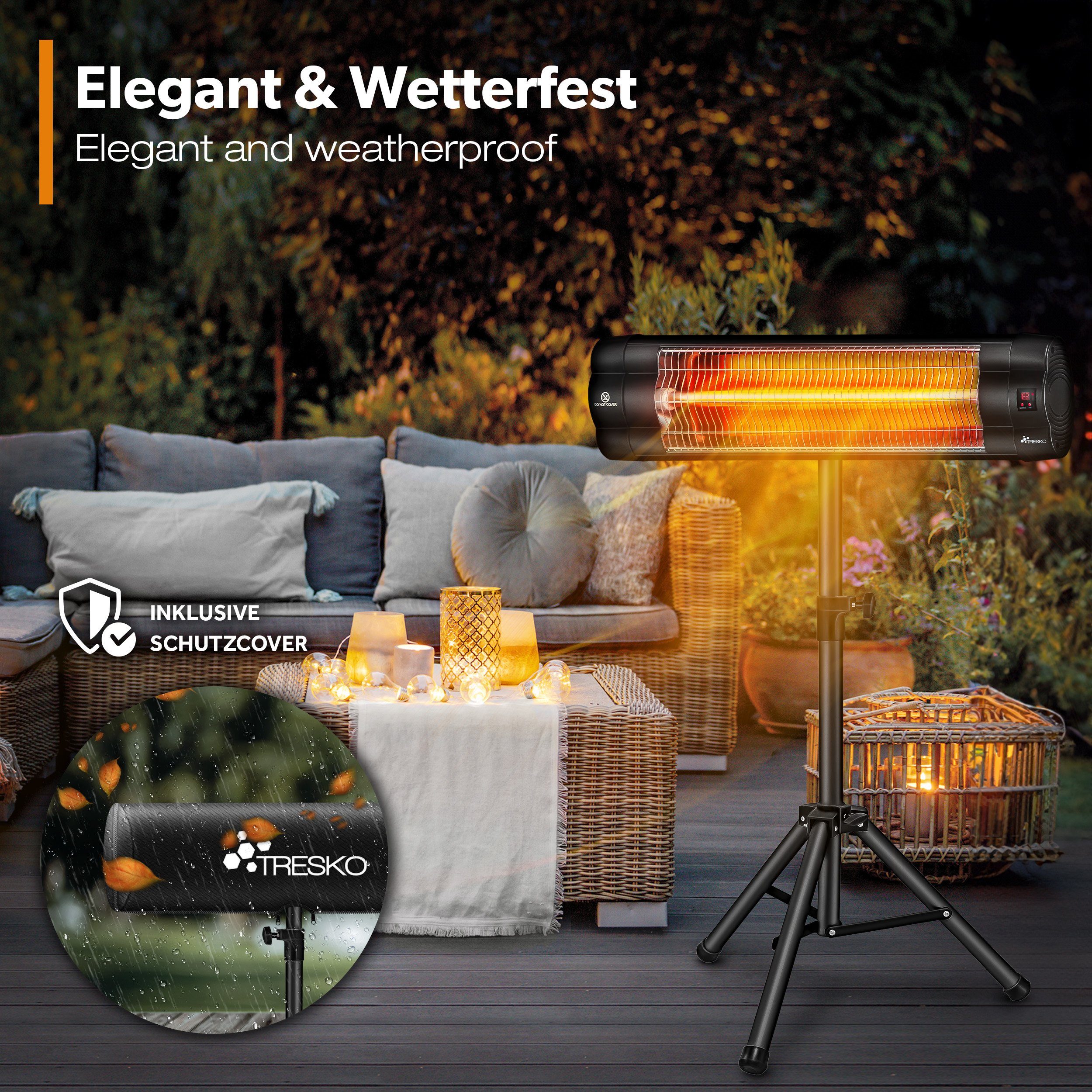 TRESKO Heizstrahler Infrarot Wärmestrahler mit Fernbedienung 2500W, Elektrisch 3 Stufen Terrassenstrahler Innen & Außen Infrarotstrahler