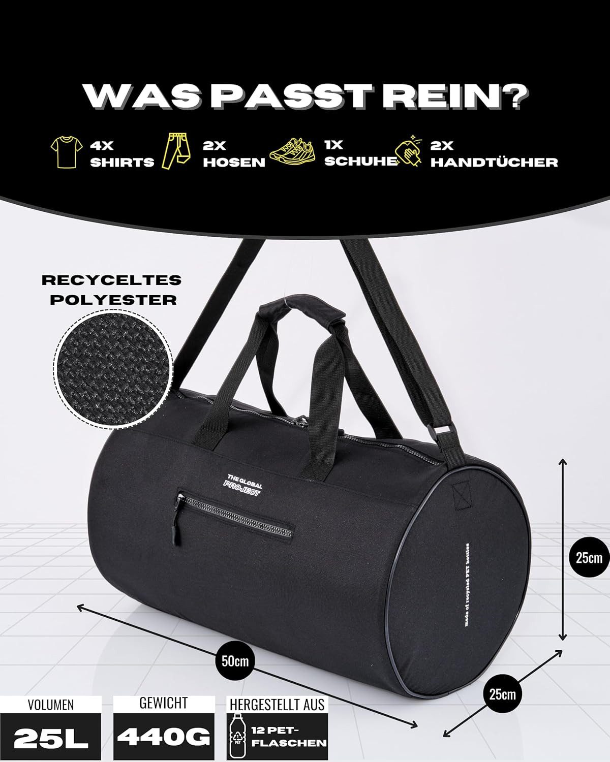 The Global Project Sporttasche Allzwecktasche Sporttasche mit 25 L Volumen, wasserabweisend, faltbar