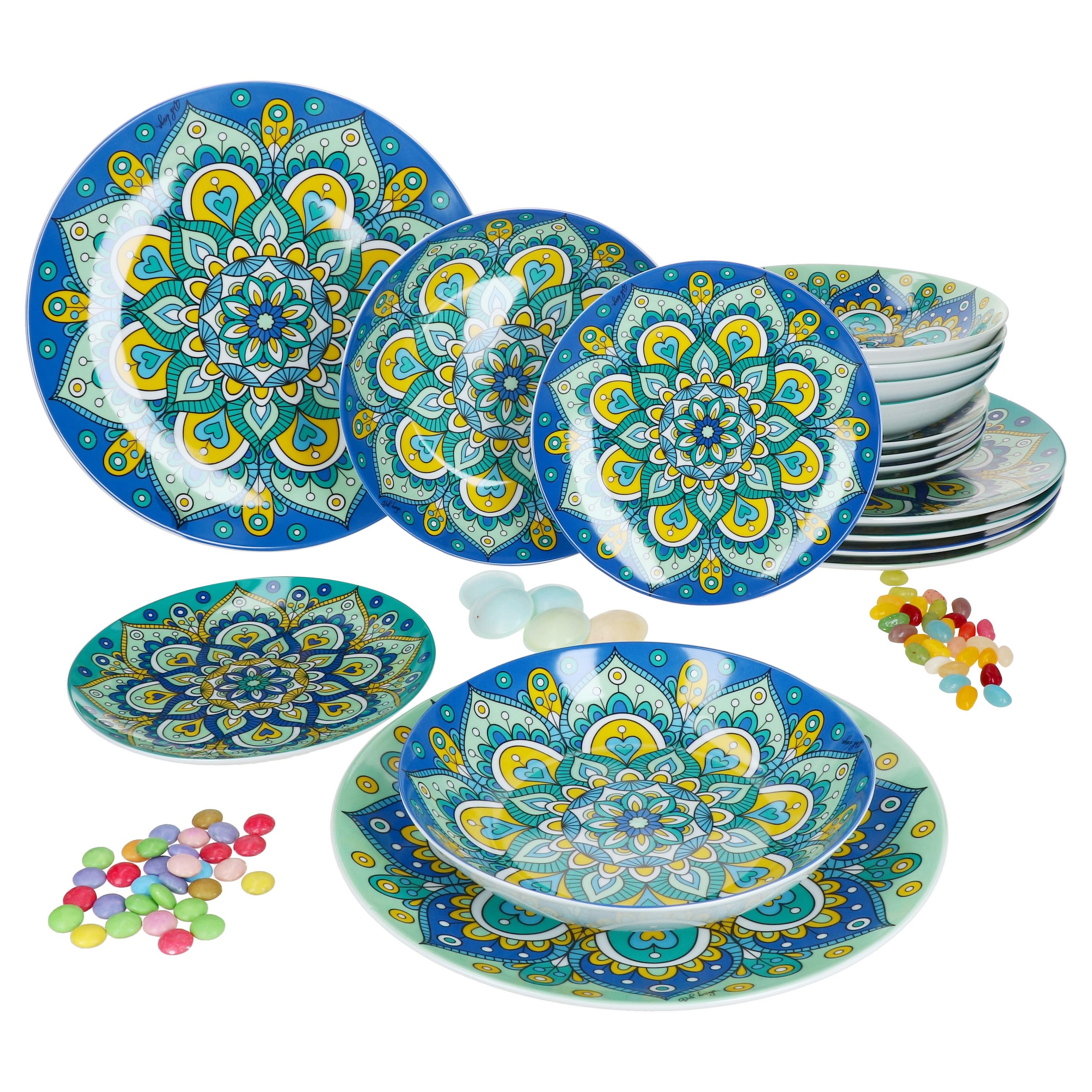 MamboCat Teller-Set 18tlg Tellerset Bayram Türkis Blau 6 Pers. Essteller Suppenteller, Steingut