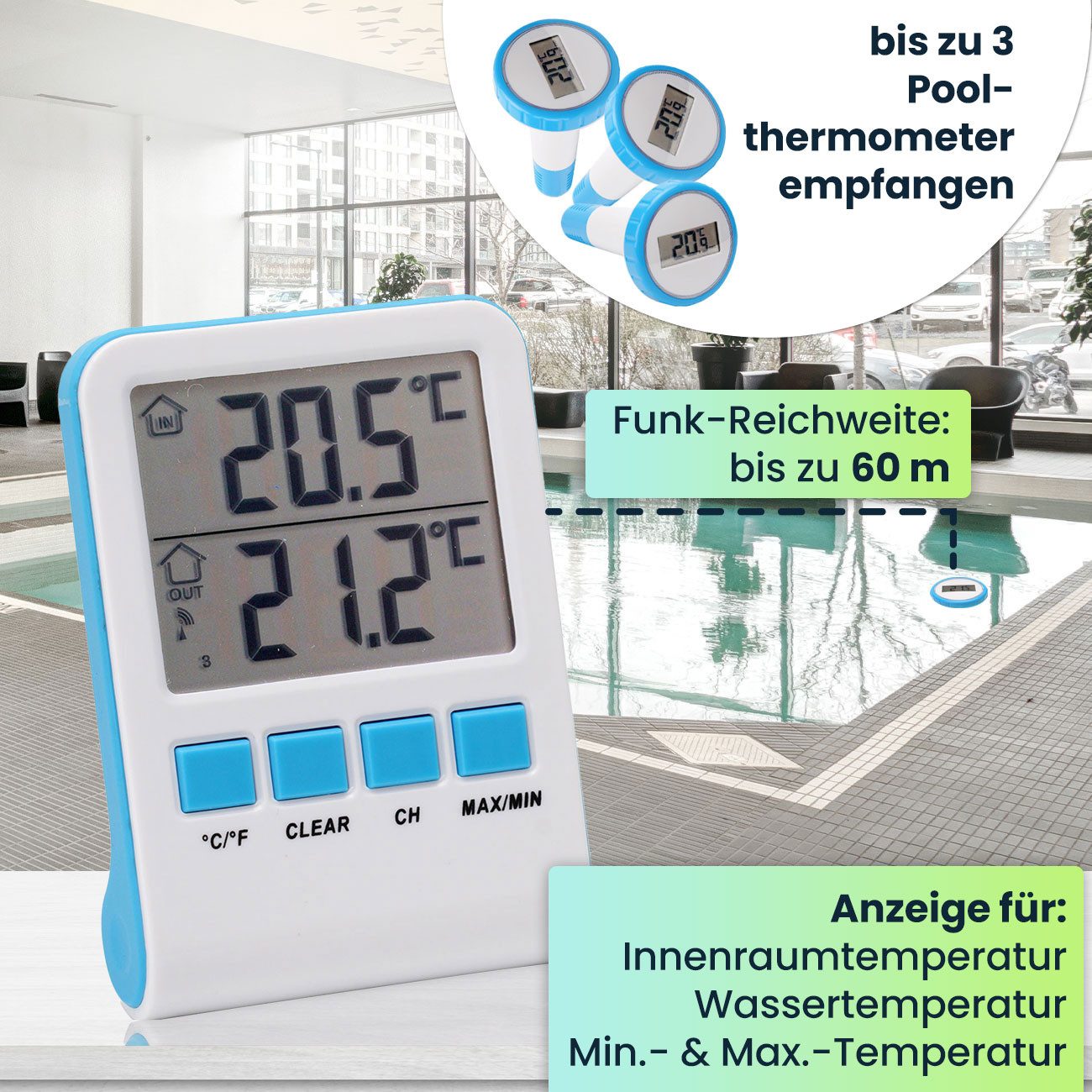 Casativo Schwimmthermometer Digitales Funk Teich Poolthermometer IPX8 Funkthermometer 60m draußen, 2-tlg., 1er-Set & 2er-Set, Pool -20 bis +60 °C/LCD-Basisstation/Funk-Frequenz 433 MHz