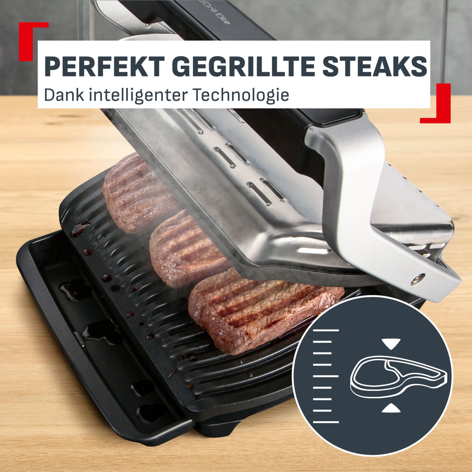 Tefal Kontaktgrill OptiGrill Elite XL, spülmaschinengeeignete Platten, 2200 W, Countdown zum Grillergebnis, Grillboost für Grillstreifen, GC760D – Bild 3 von 5