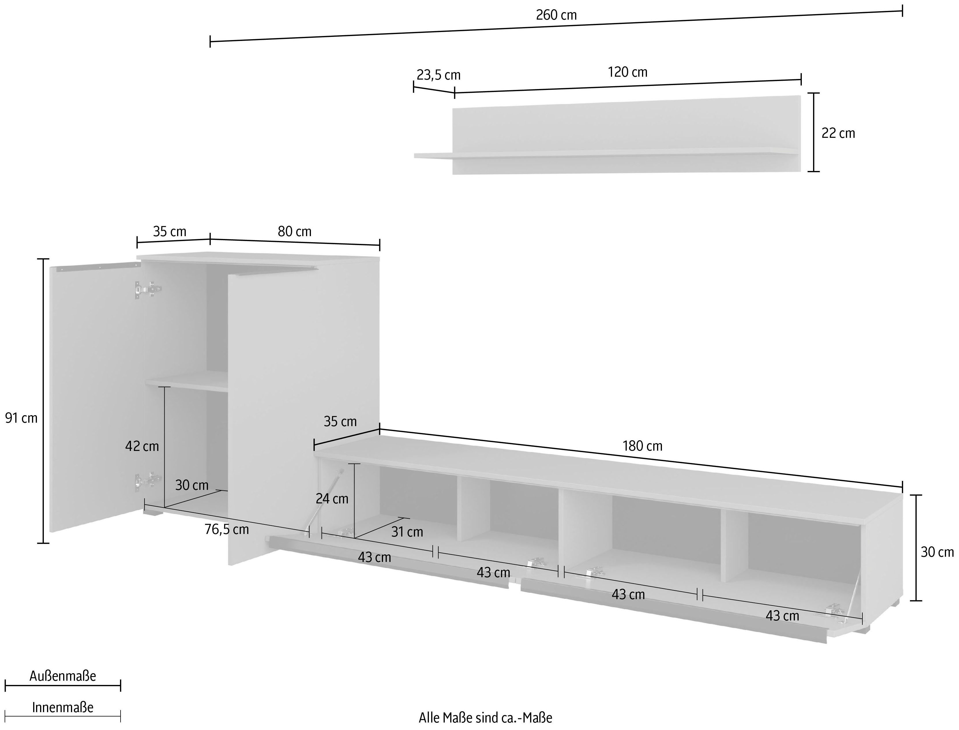 INOSIGN Wohnwand Tana, Breite 260 cm, moderne Anbauwand, (3-St), Mediawand (Set, 3-St), Lowboard, Wandregal, Kommode