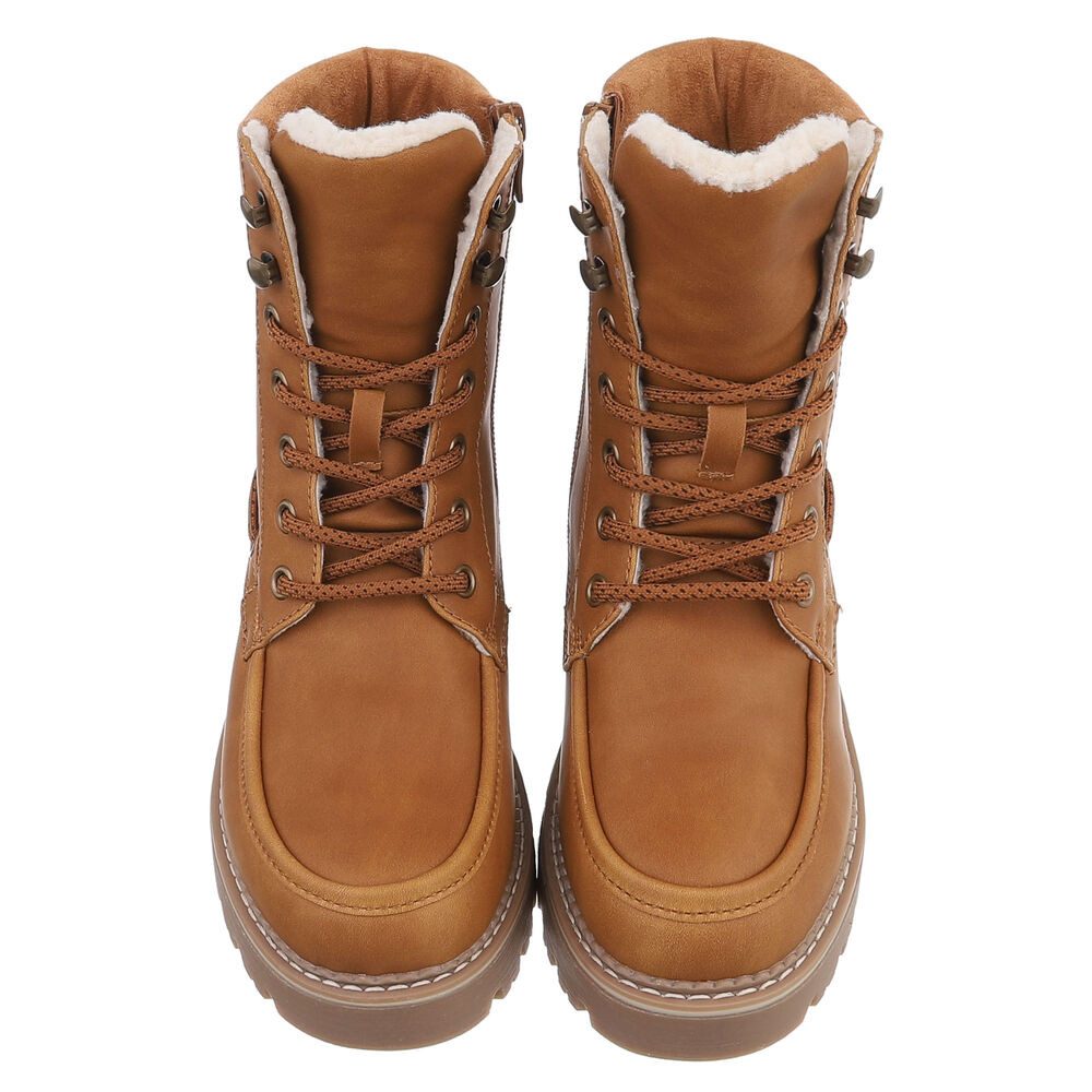 Ital-Design Damen Schnürstiefel mit Profilsohle und Reißverschluss Snowboots (92299784) Blockabsatz Plateaustiefeletten in Camel – Bild 4 von 5
