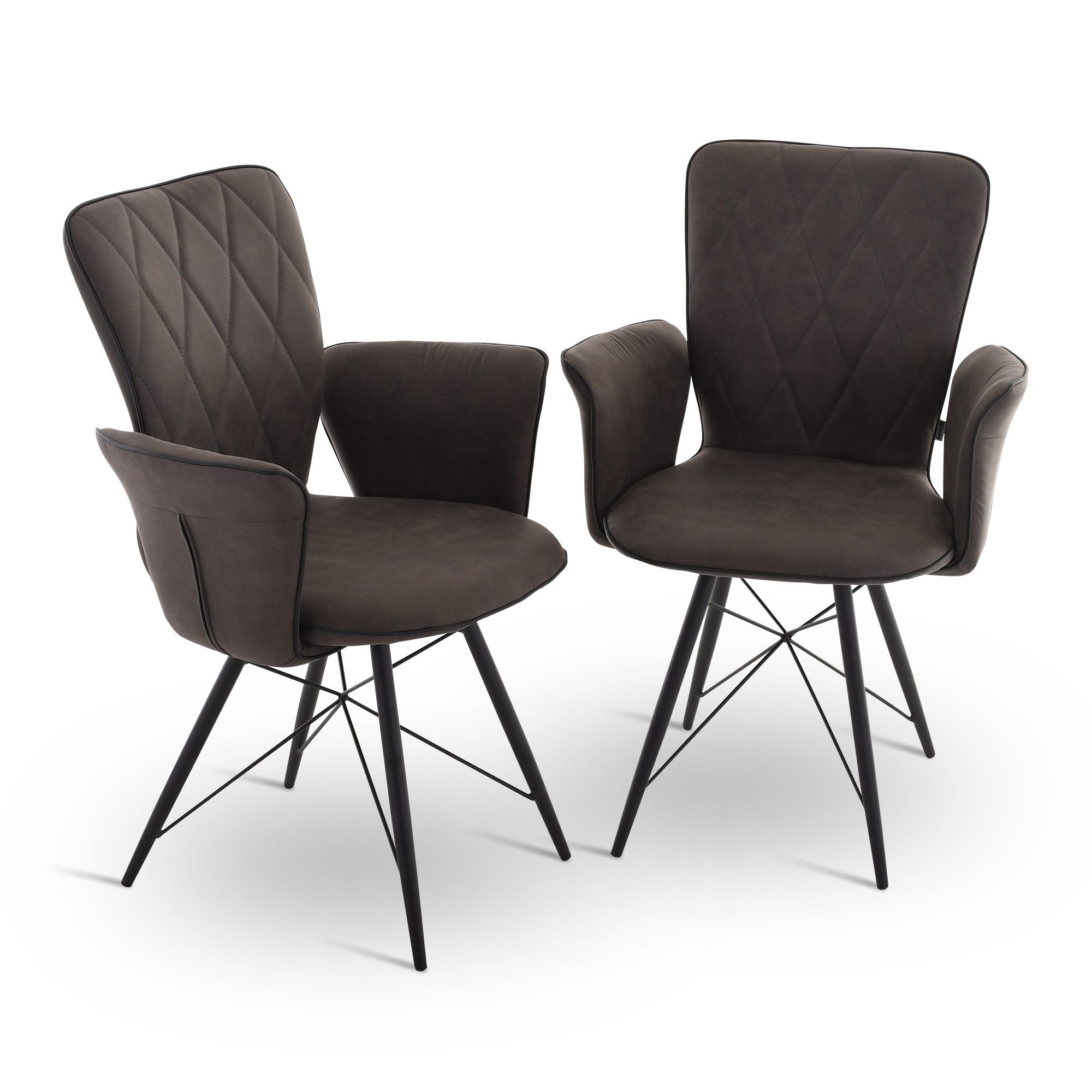 TK`AWAY Esszimmerstuhl Vintage-Dunkel-Grau, Soft-Mikrofaser mit Karo-Steppung, Marek (2er-Set), Gestell Seiden-Schwarz im exklusiven Stern-Look, bis 120 kg