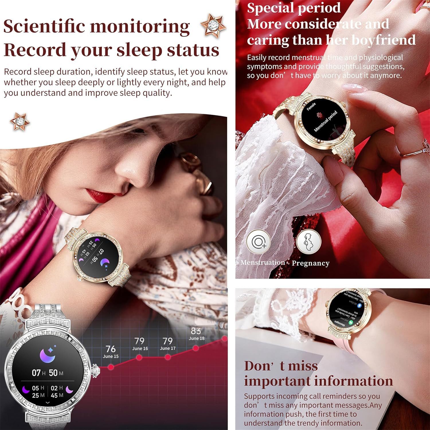 Zevelora Damen's Telefonfunktion Fitness Tracker Aktivitätstracker Smartwatch (3,35 cm/1,32 Zoll, Android/iOS), mit austauschbarem weichem Silikonarmband, mit SpO2 Schlafmonitor Schrittzähler 123 Sportmodi fitness uhr