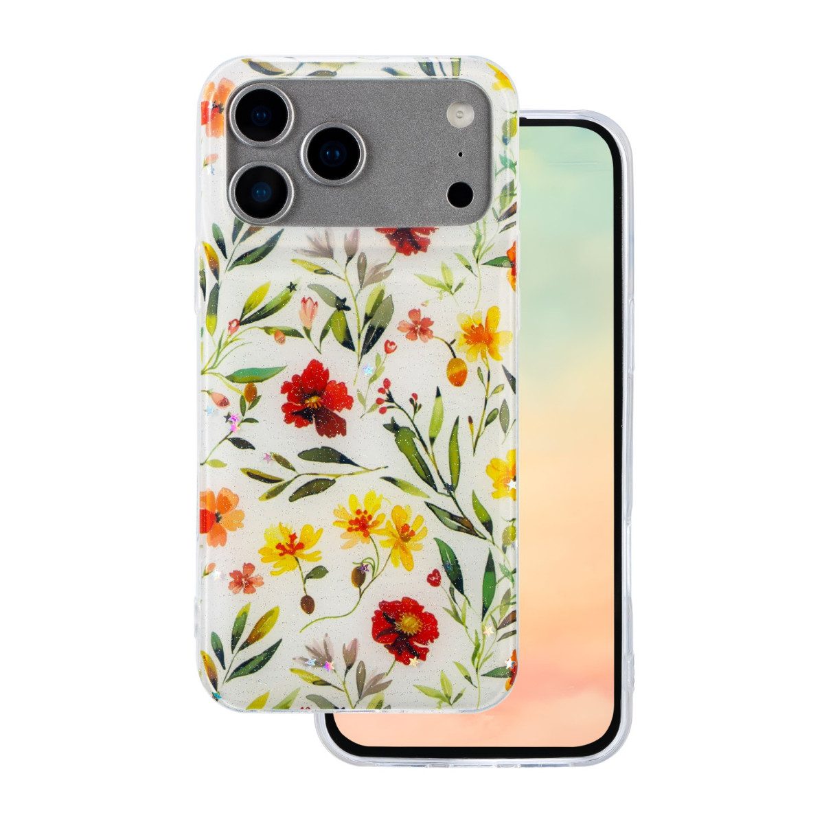 COFI 1453 Handyhülle Blumenmotiv TFO Glow Glam kompatibel mit iPhone 17 Pro Max weiß 6,9, Weiße Glow Glam Hülle mit Blumenprint und Kameraschutz