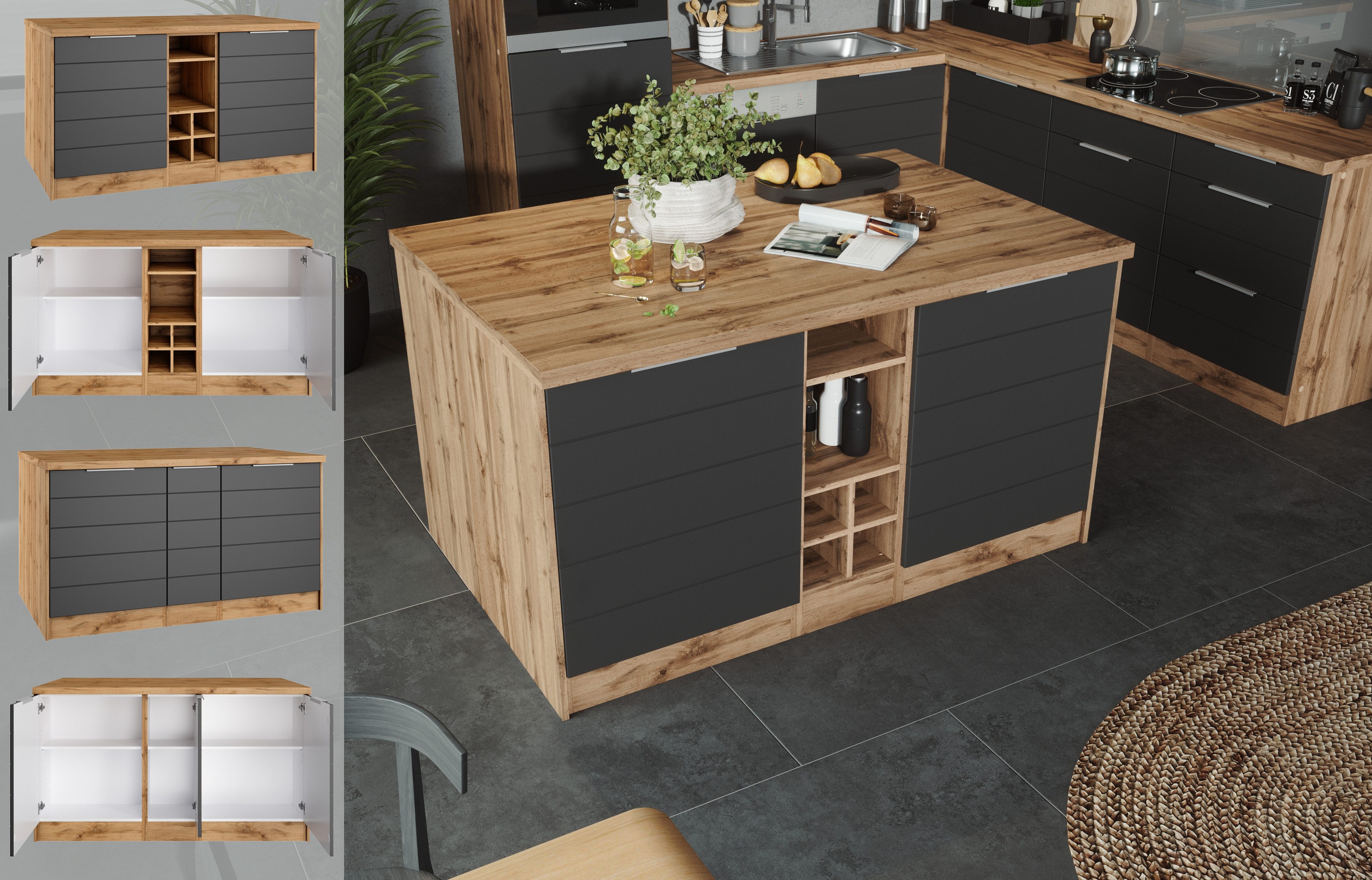 KOCHSTATION Kücheninsel KS-Luhe, Breite 153 cm, mit Flaschenregal, MDF-Fronten, Arbeitsplatte 38mm stark