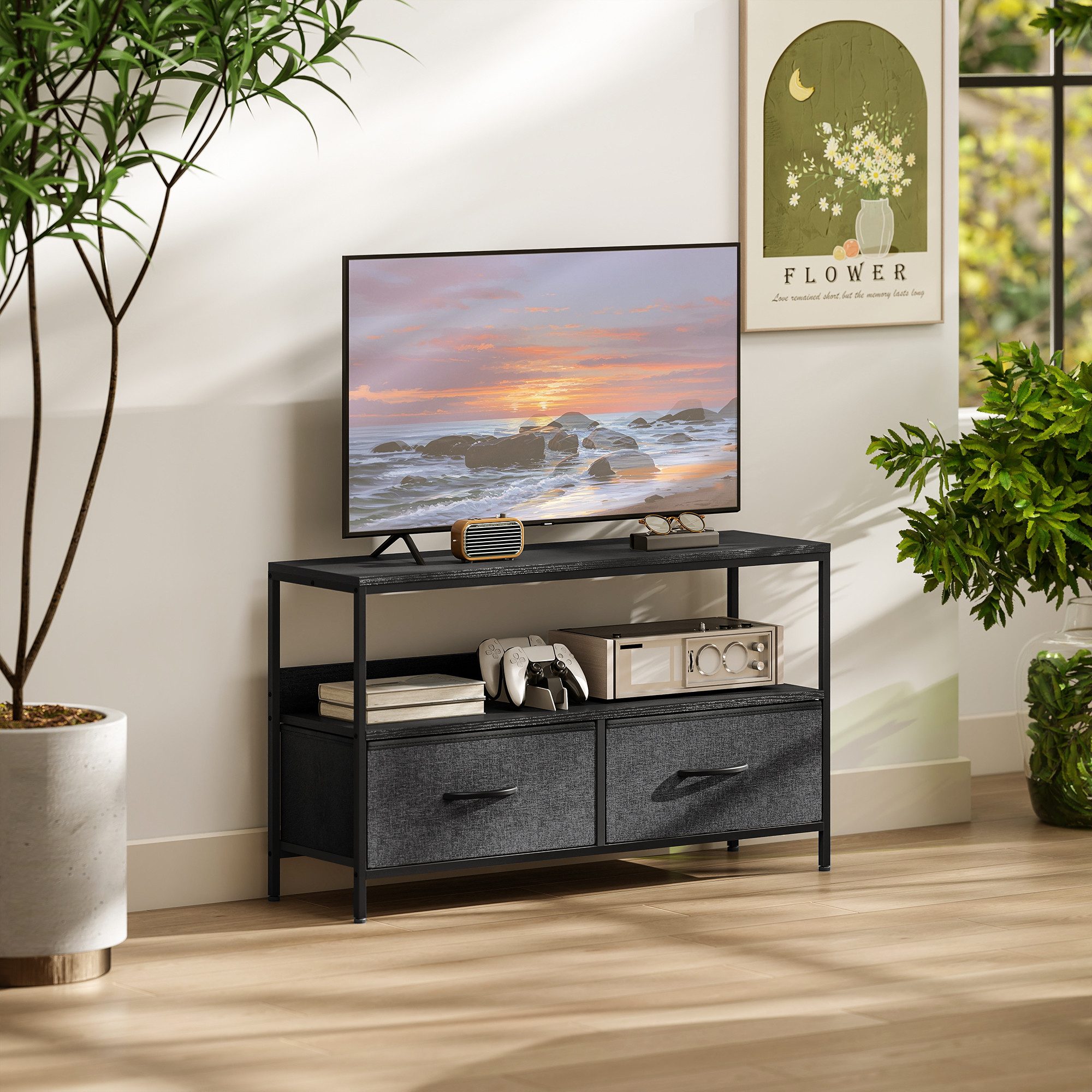 HOMCOM TV-Board Fernsehtisch für Fernseher bis 47 Zoll, TV Board mit Stahlrahmen (TV Schrank, 1 St., Lowboard), für Wohnzimmer, Schwarz+Dunkelgrau, 98 x 29 x 56 cm
