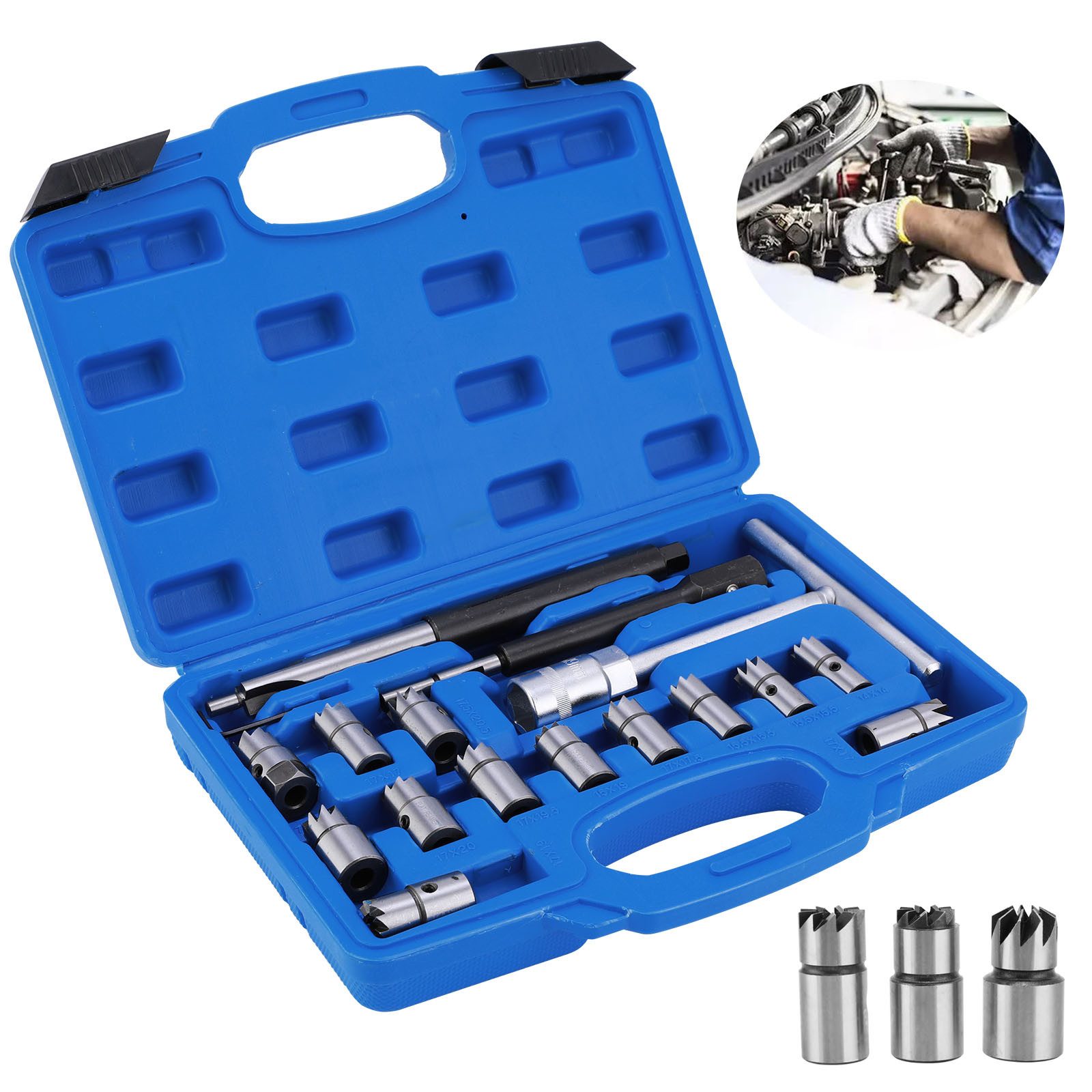 BlingBin Fräser-Set 17tlg Diesel Injektoren Dichtsitz Werkzeug Einspritzdüsen Dichtflächen, 17er Set, 17-tlg., 13 verschiedene Klingengrößen (15 mm, 17 mm, 18 mm, 20 mm), Nachschneidwerkzeug für Common Rail Dieselmotoren