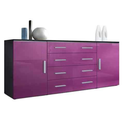 Vladon Sideboard Faro (Kommode, mit 2 Türen und 4 Schubladen), Schwarz matt/Brombeer Hochglanz (166 x 72 x 35)