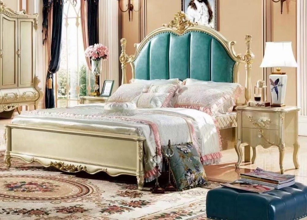 JVmoebel Bettgestell Massivholz Bett in Kunstleder Beige mit Retro-Charme (1-tlg)