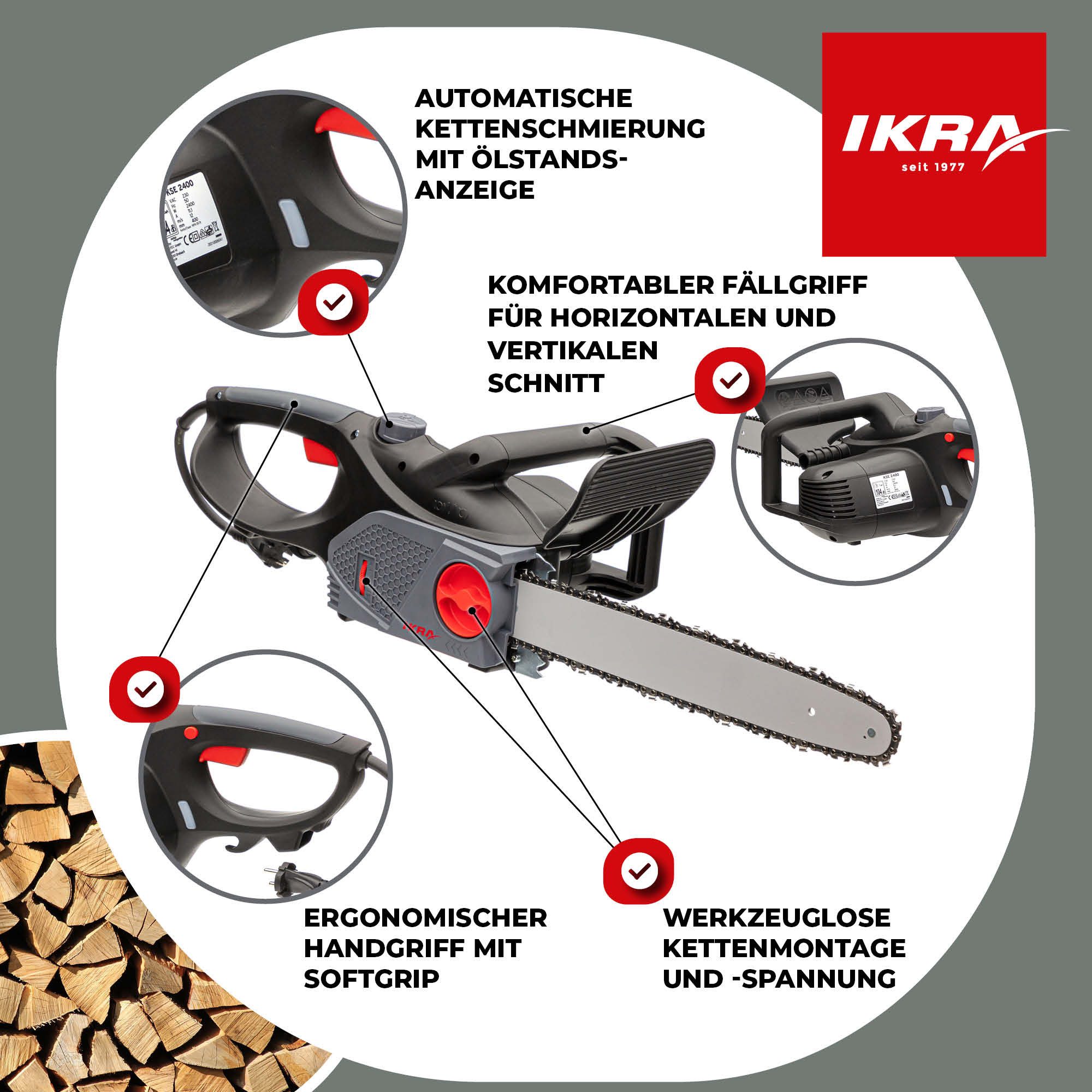 ikra GmbH Elektro-Kettensäge KSE 2400-40, 40 cm Schwertlänge, 2400 Watt, inkl. 2. Kette, Made in Germany – Bild 3 von 5