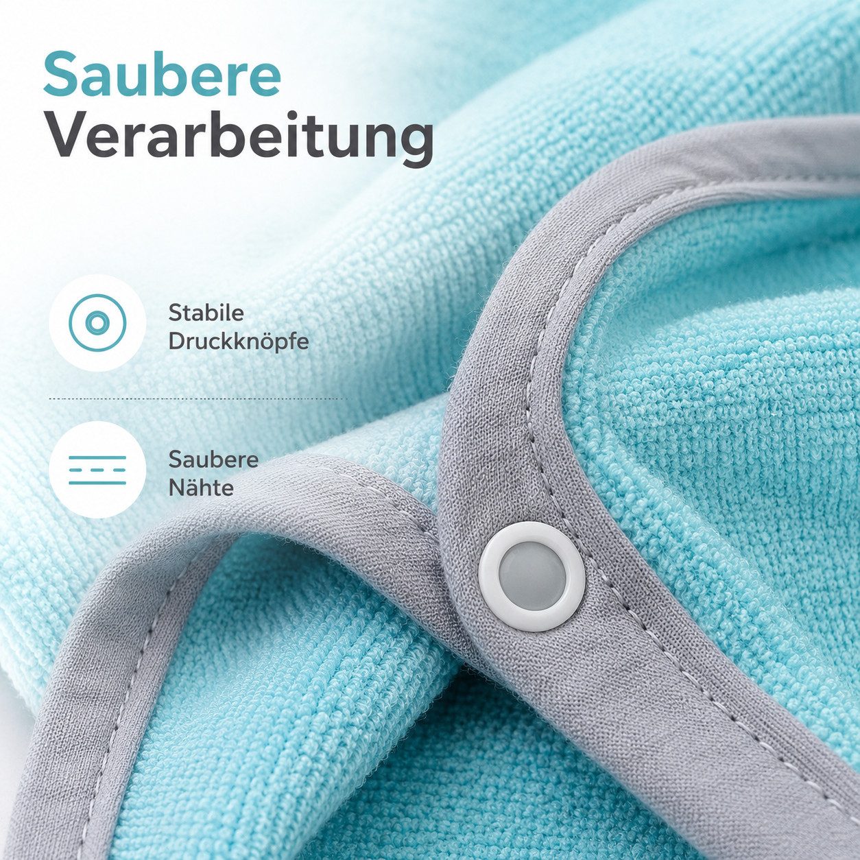 Vossen Badeponcho Schwimmponcho „De Luxe“, Blau und Grau, Onesize, Kapuze, Knöpfe, mit Kapuze, saugstark, weich, pflegeleicht, mit Druckknöpfen – Bild 4 von 5